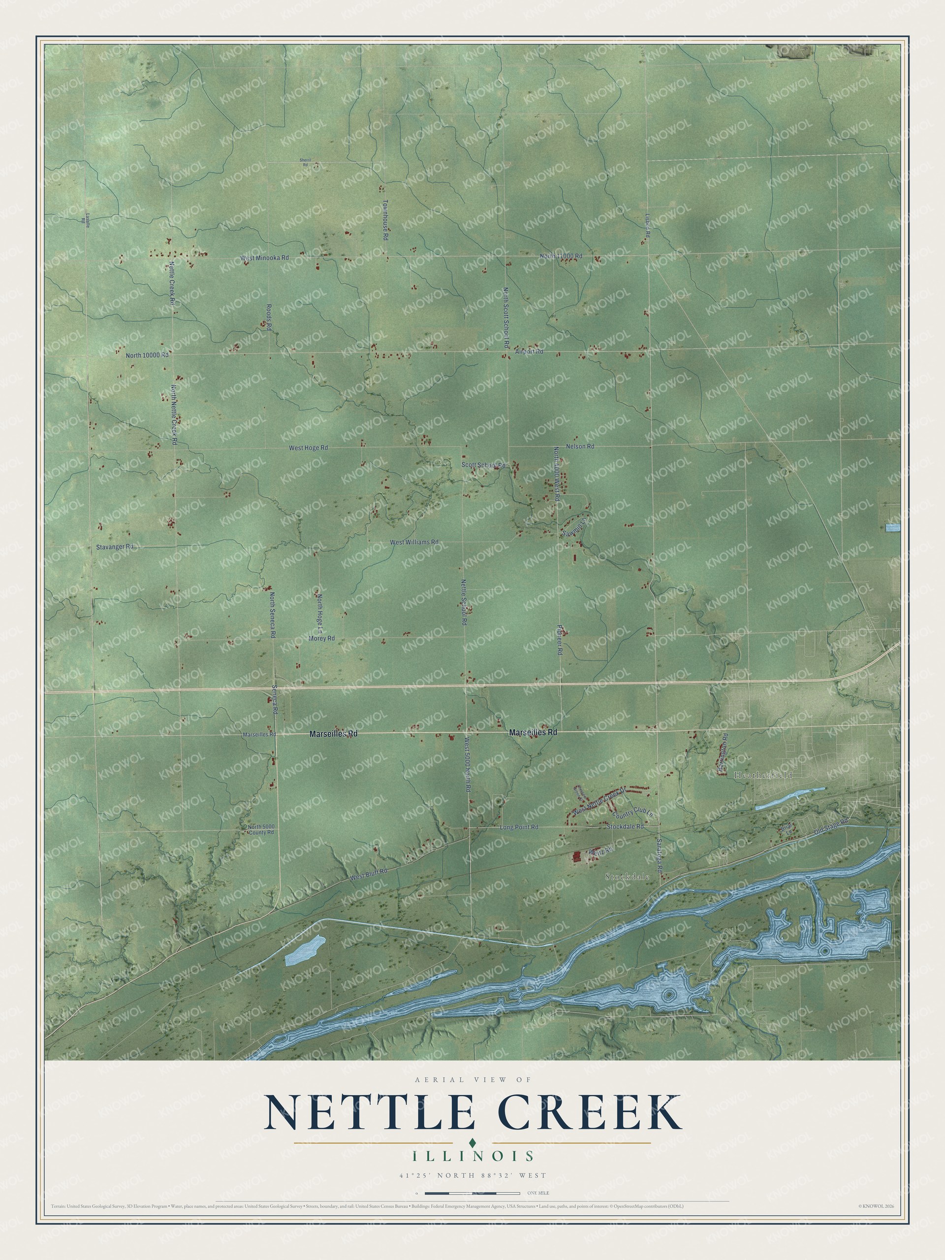 Full map of Nettle Creek, Illinois, with red buildings, printed street names and the land around them
