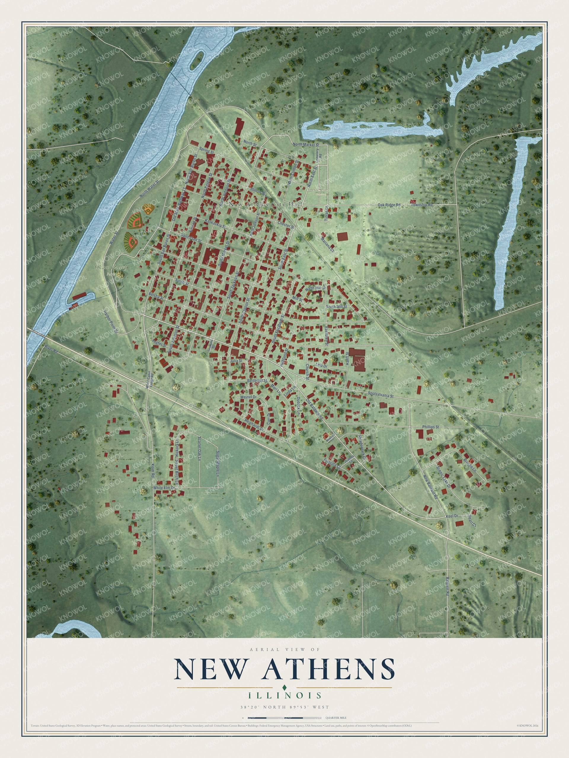 Full map of New Athens, Illinois, with red buildings, printed street names and the land around them
