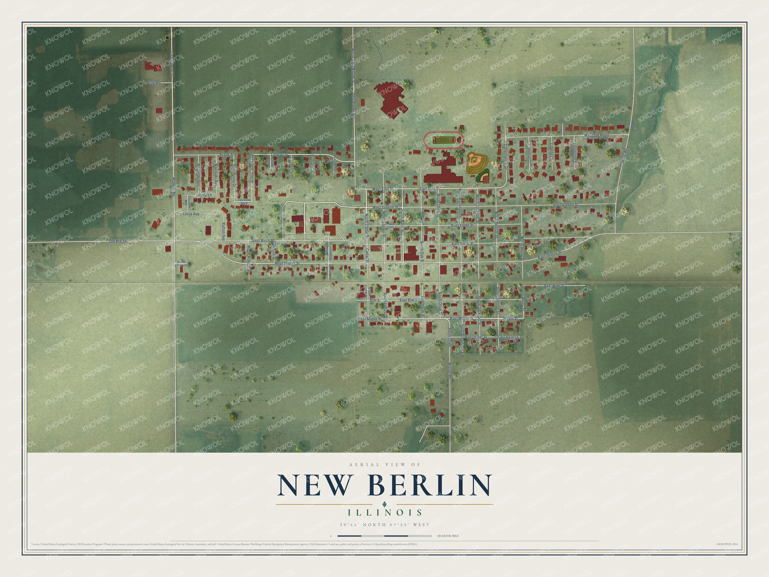 Full map of New Berlin, Illinois, with red buildings, printed street names and the land around them