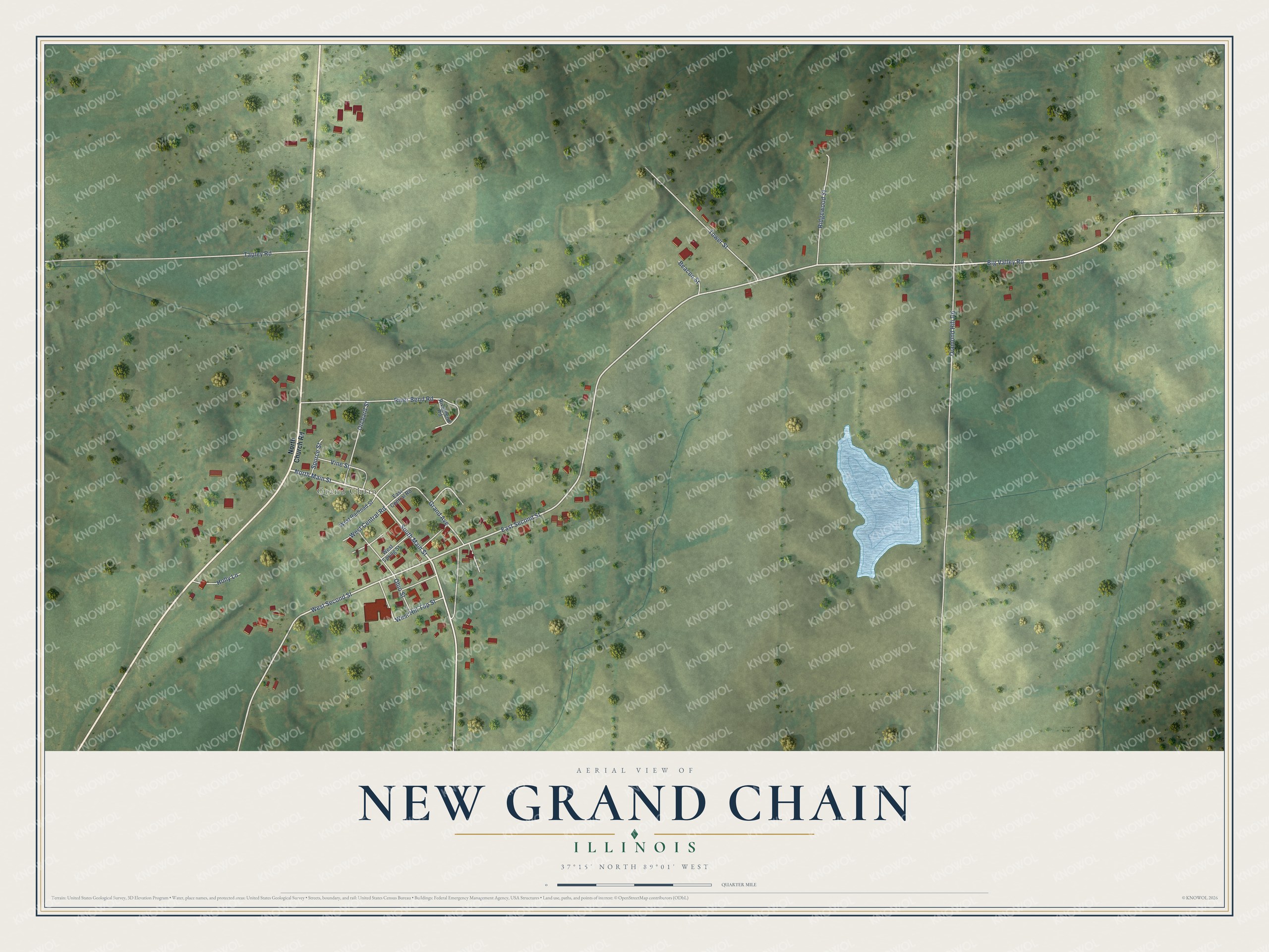 Full map of New Grand Chain, Illinois, with red buildings, printed street names and the land around them