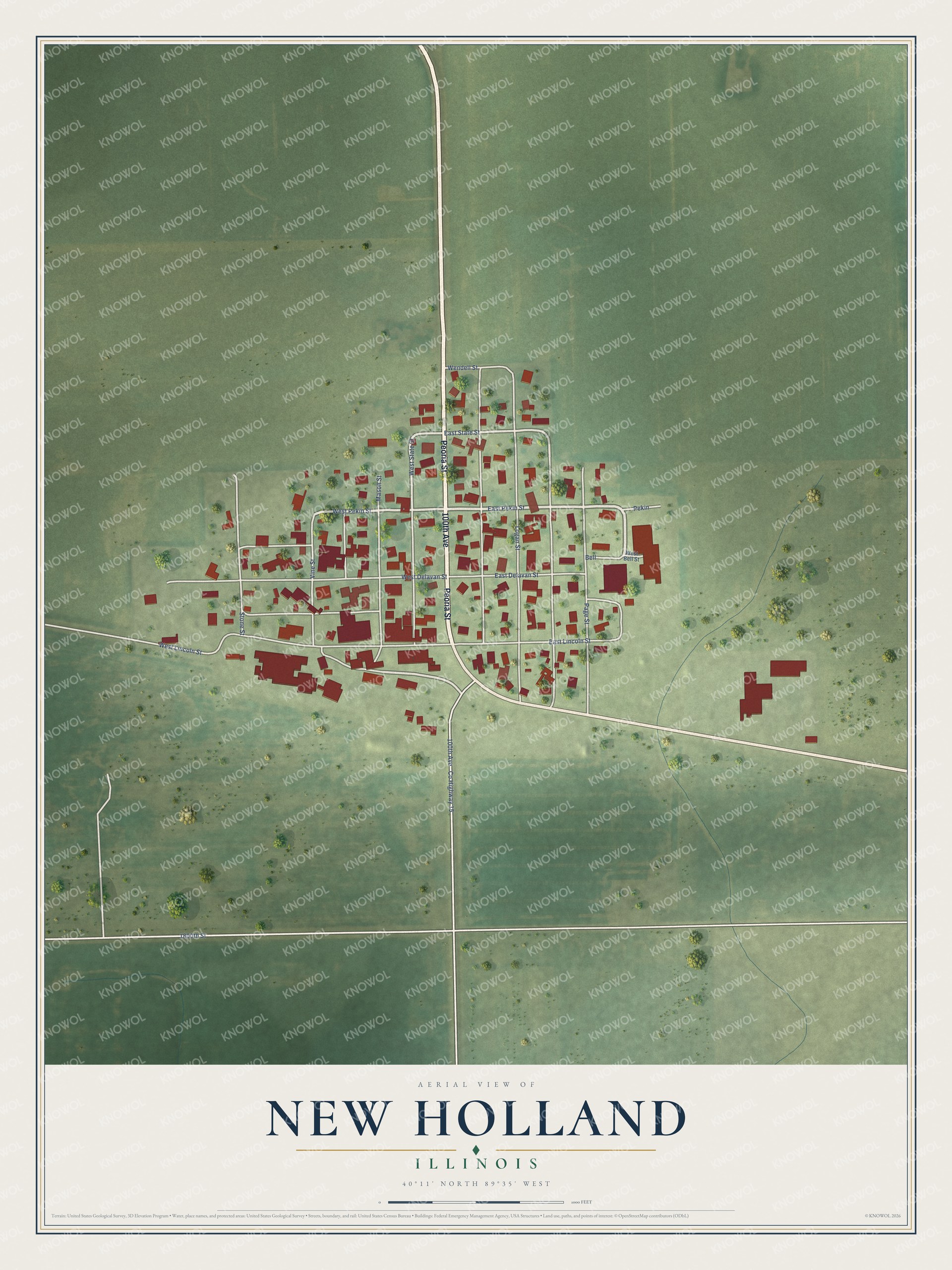 Full map of New Holland, Illinois, with red buildings, printed street names and the land around them