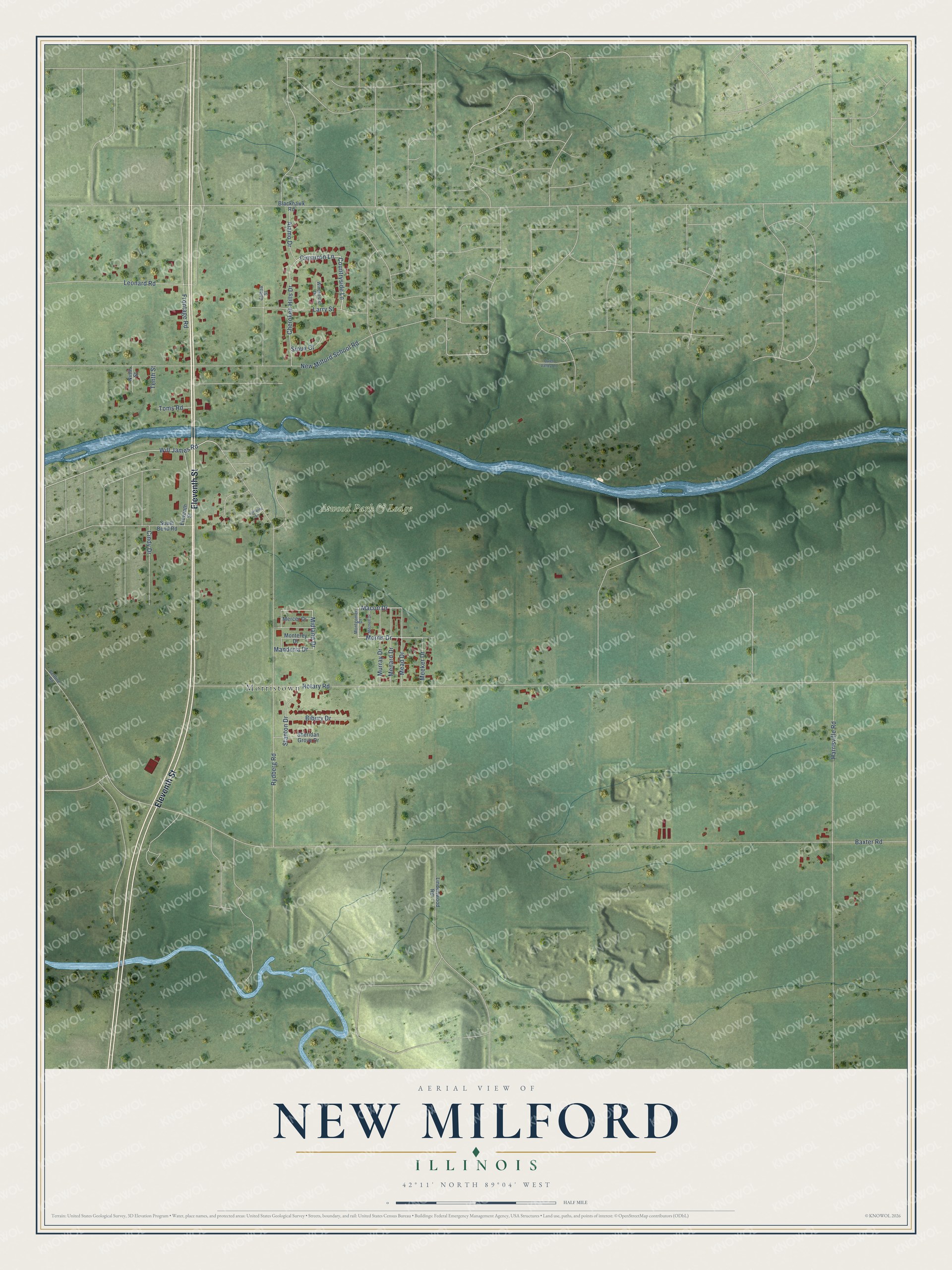 Full map of New Milford, Illinois, with red buildings, printed street names and the land around them