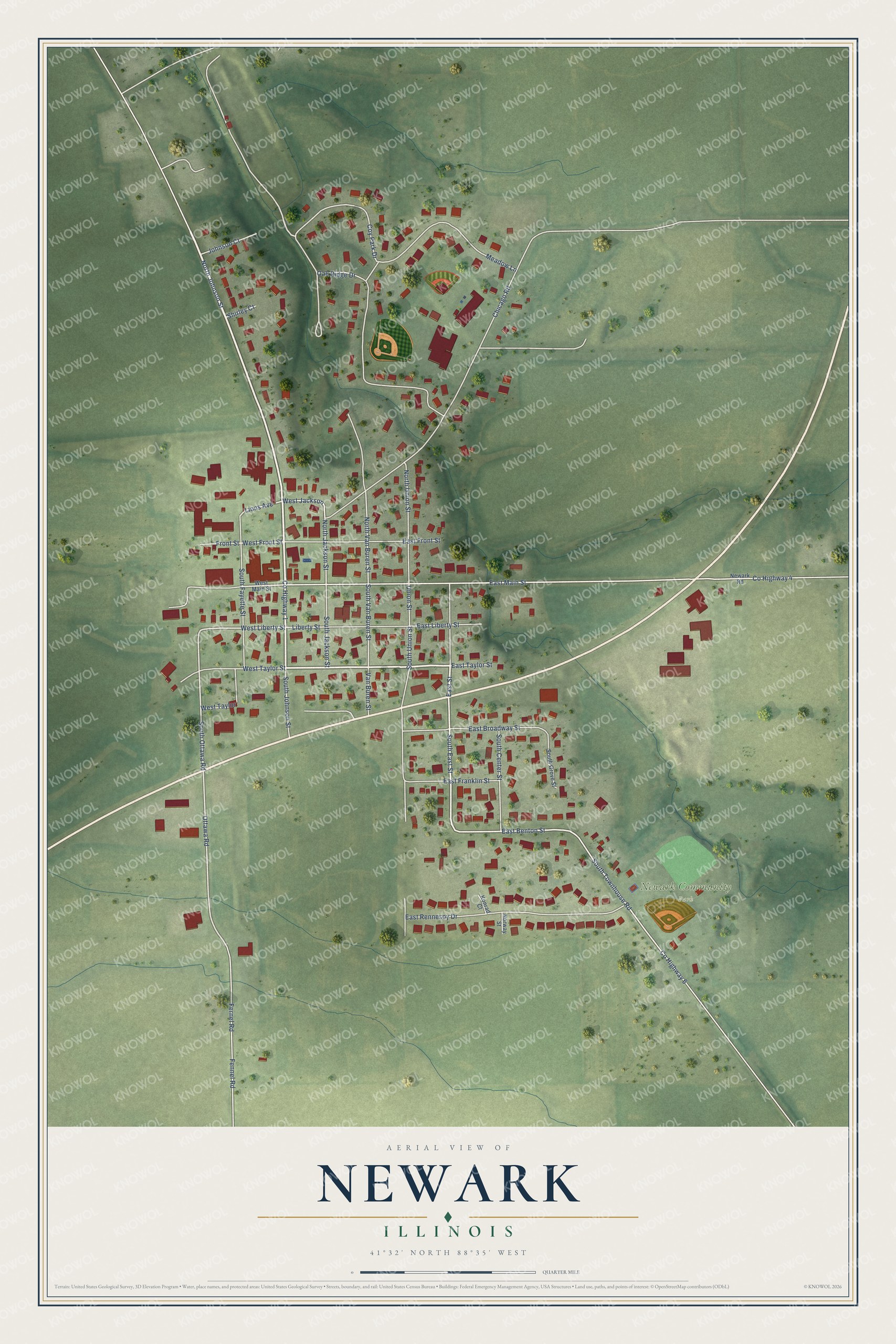 Full map of Newark, Illinois, with red buildings, printed street names and the land around them