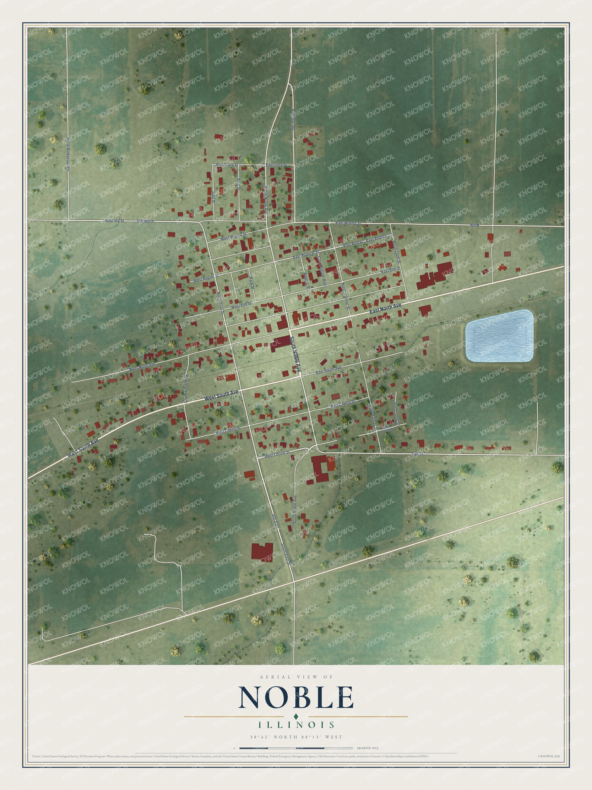 Full map of Noble, Illinois, with red buildings, printed street names and the land around them