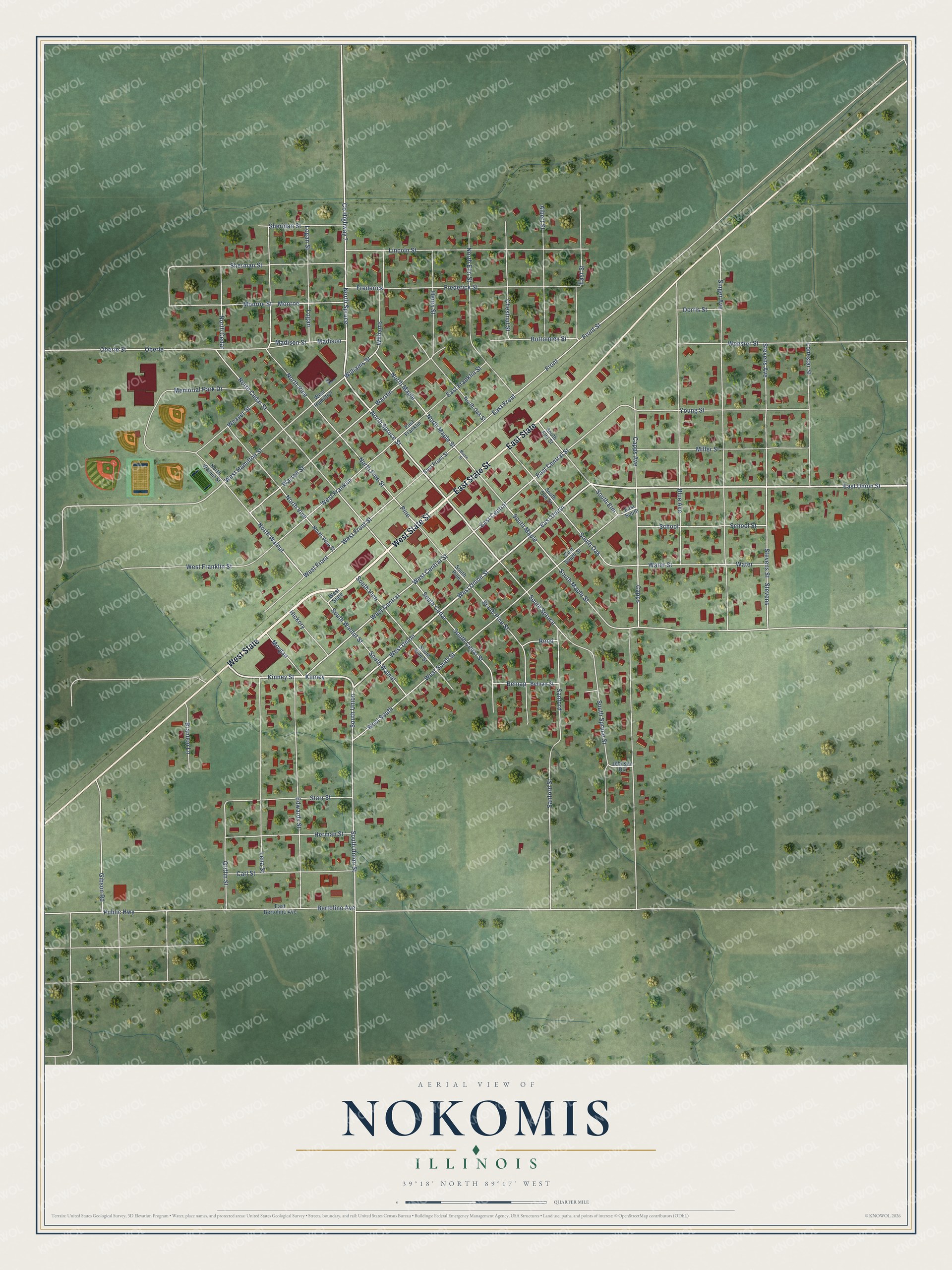 Full map of Nokomis, Illinois, with red buildings, printed street names and the land around them