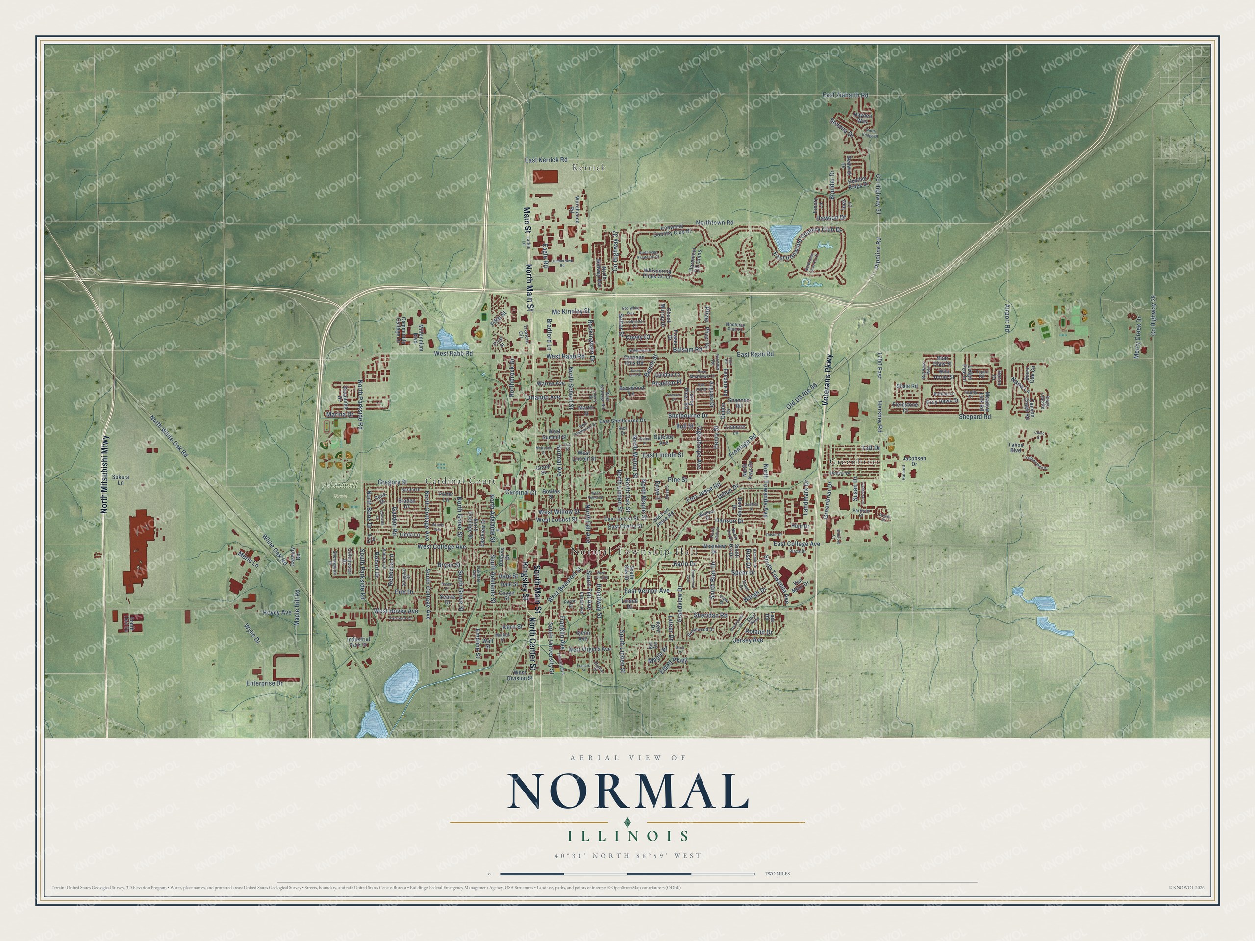 Full map of Normal, Illinois, with red buildings, printed street names and the land around them