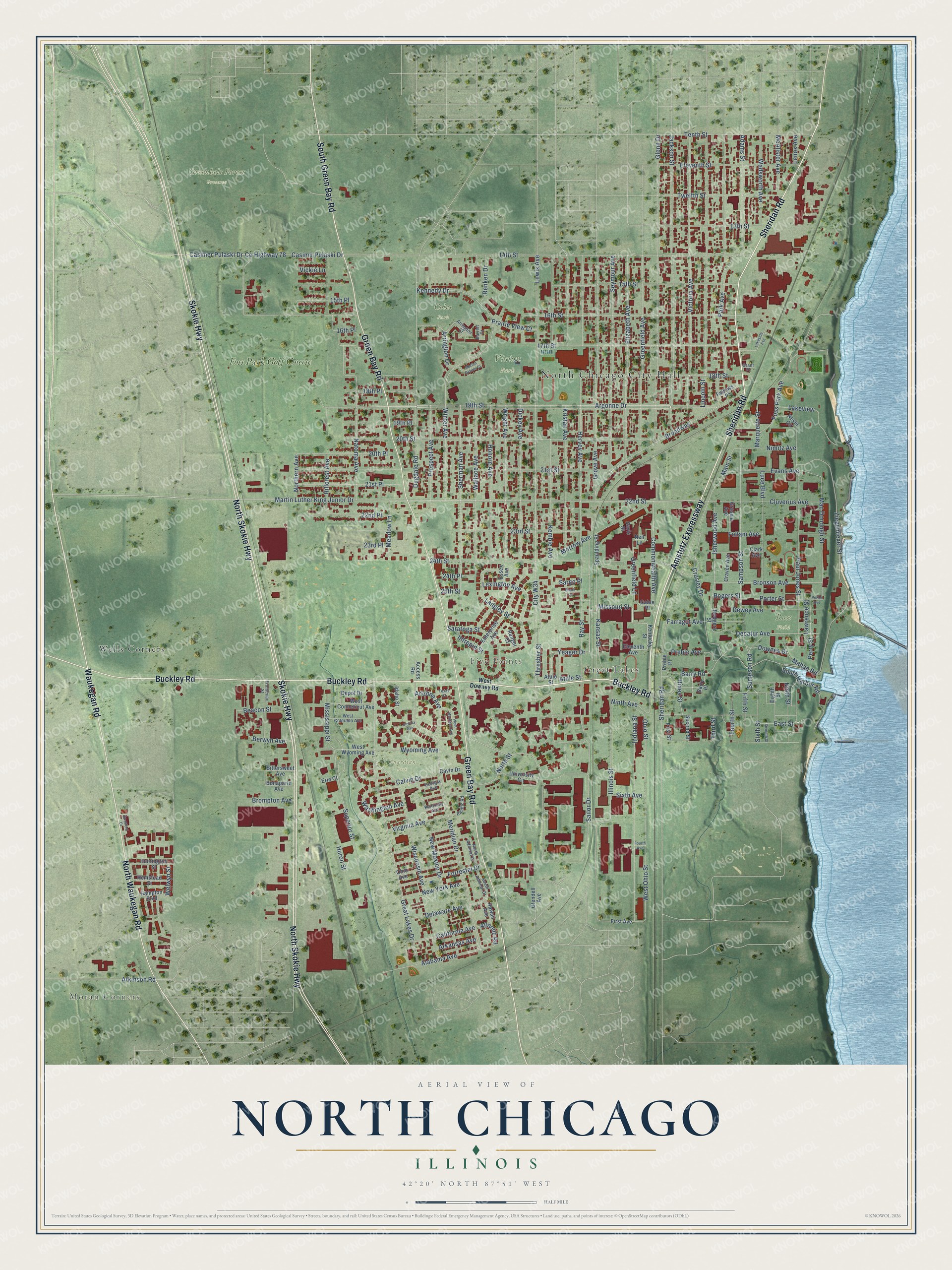 Watermarked full-map preview of North Chicago, Illinois
