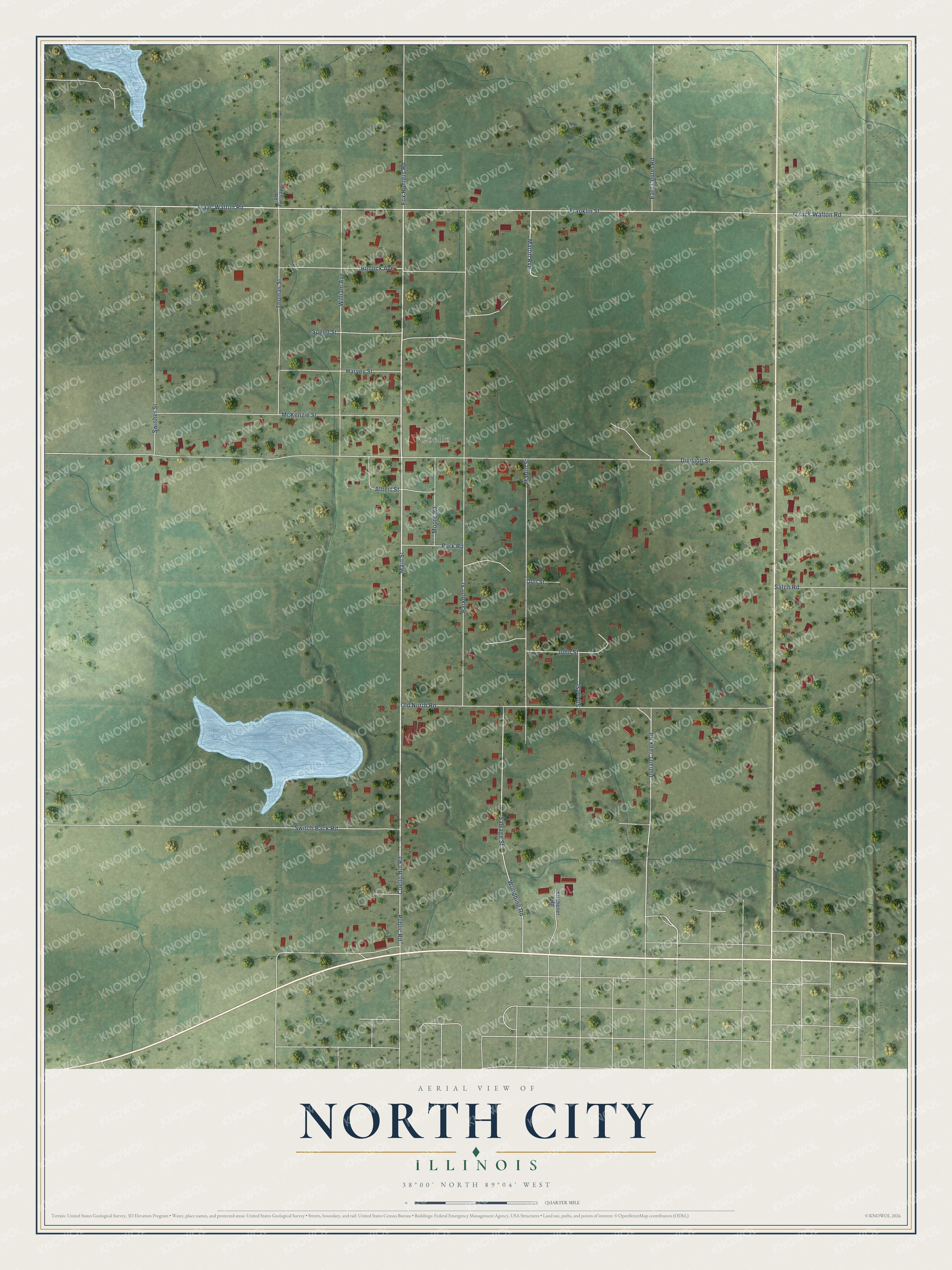 Full map of North City, Illinois, with red buildings, printed street names and the land around them