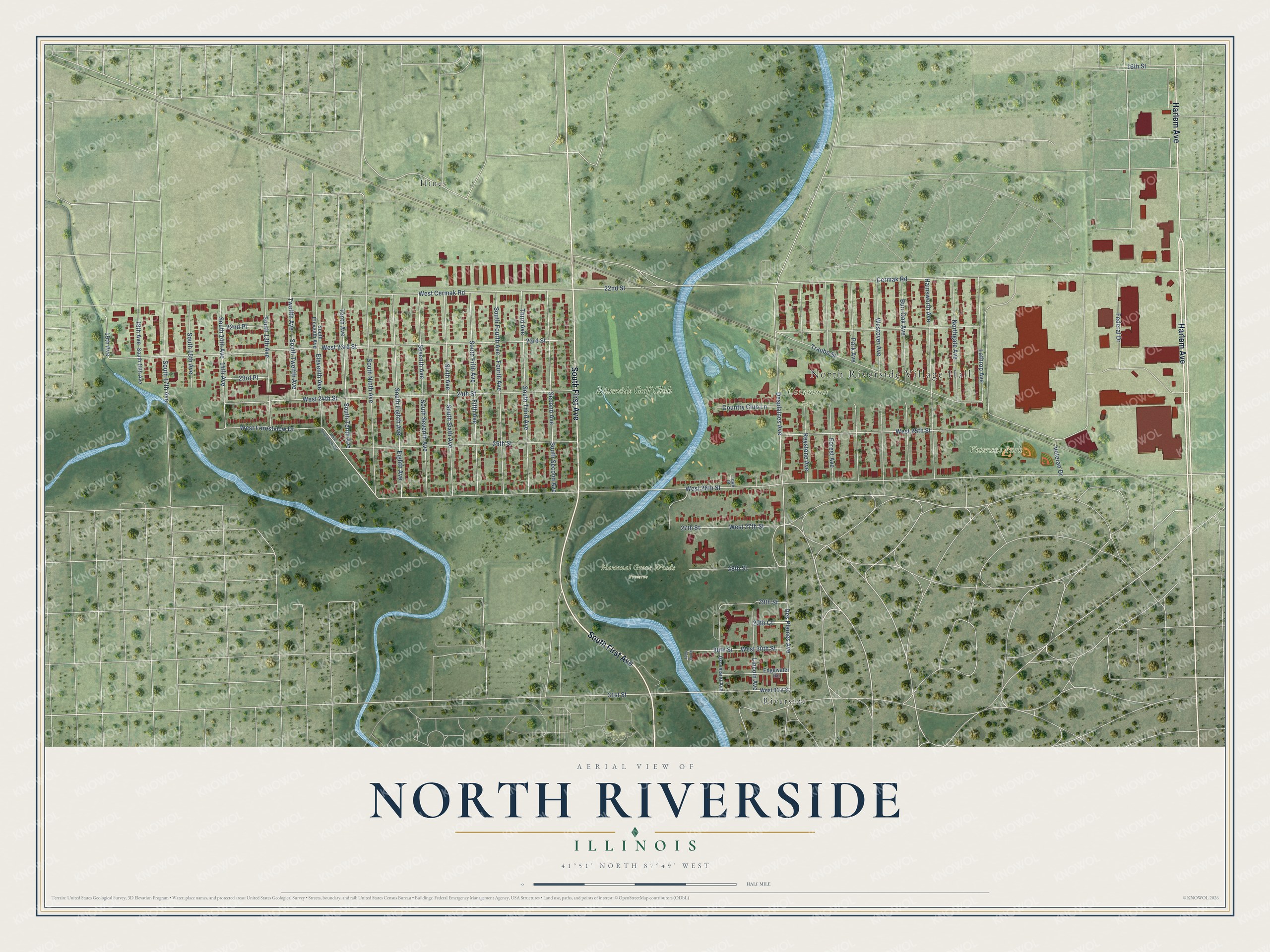 Watermarked full-map preview of North Riverside, Illinois