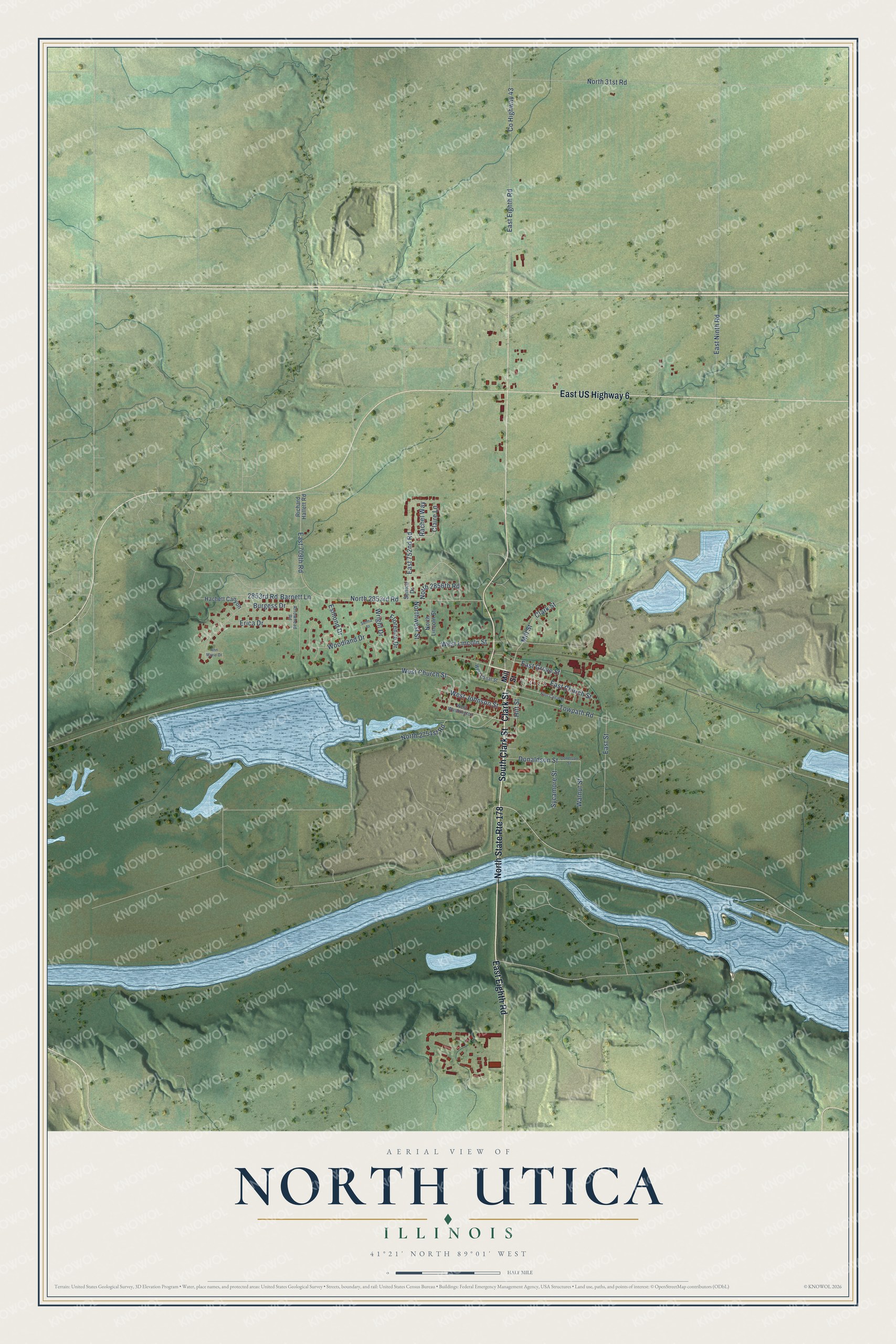 Full map of North Utica, Illinois, with red buildings, printed street names and the land around them