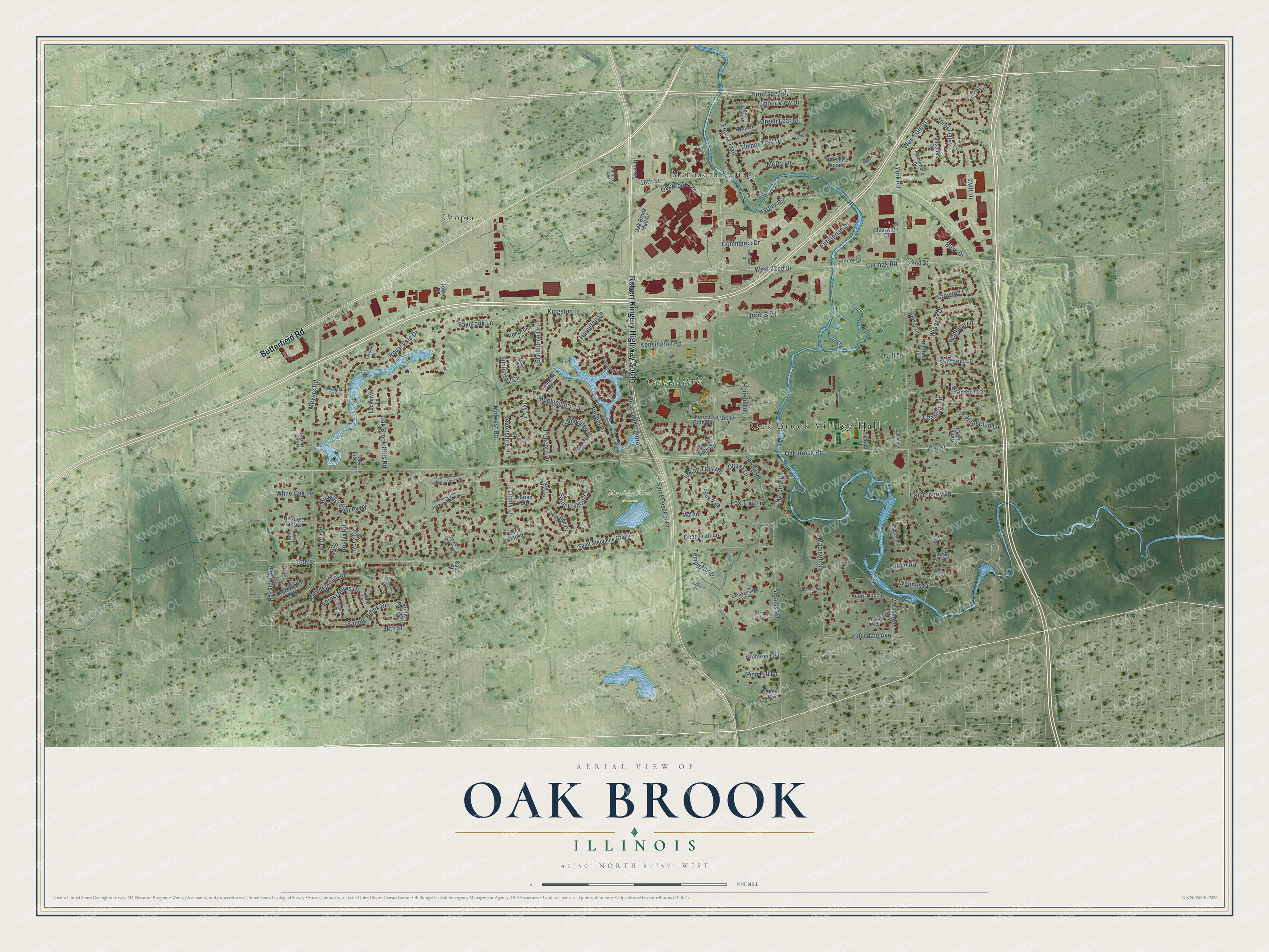 Full map of Oak Brook, Illinois, with red buildings, printed street names and the land around them