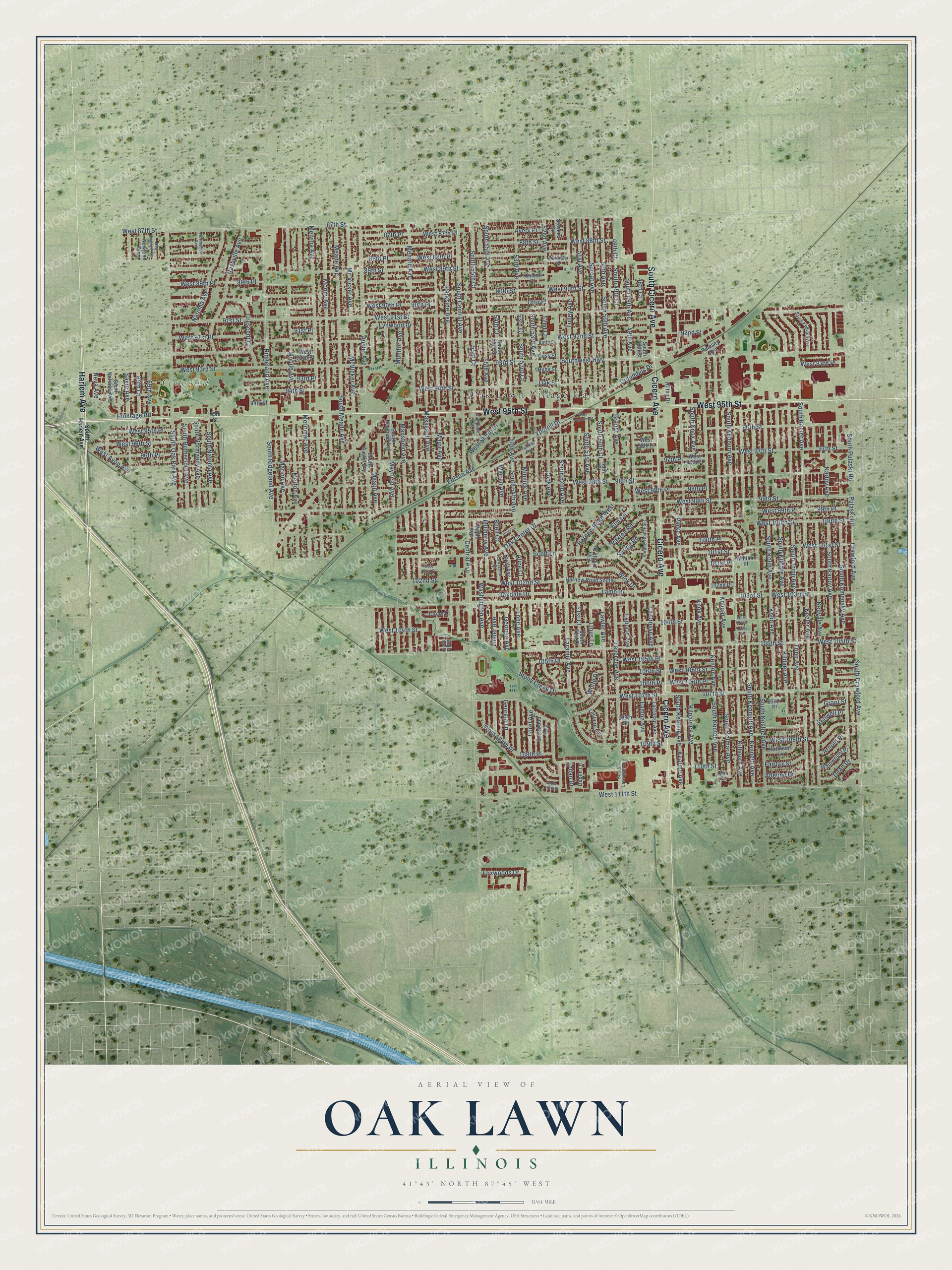Full map of Oak Lawn, Illinois, with red buildings, printed street names and the land around them