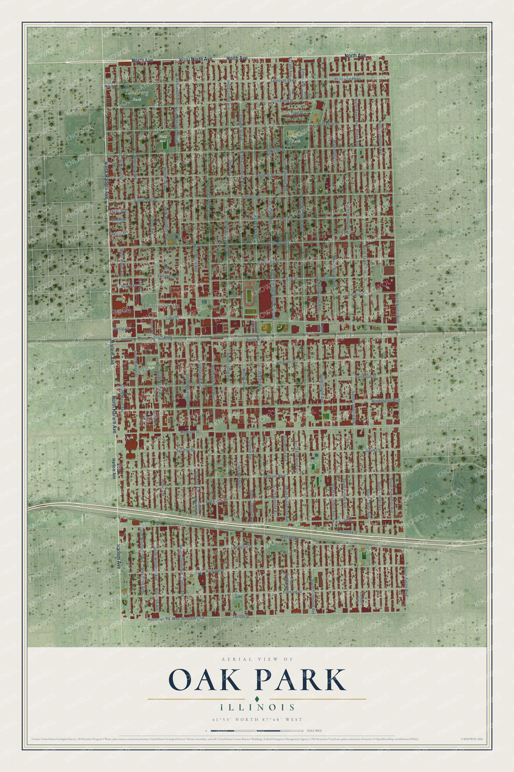 Watermarked full-map preview of Oak Park, Illinois
