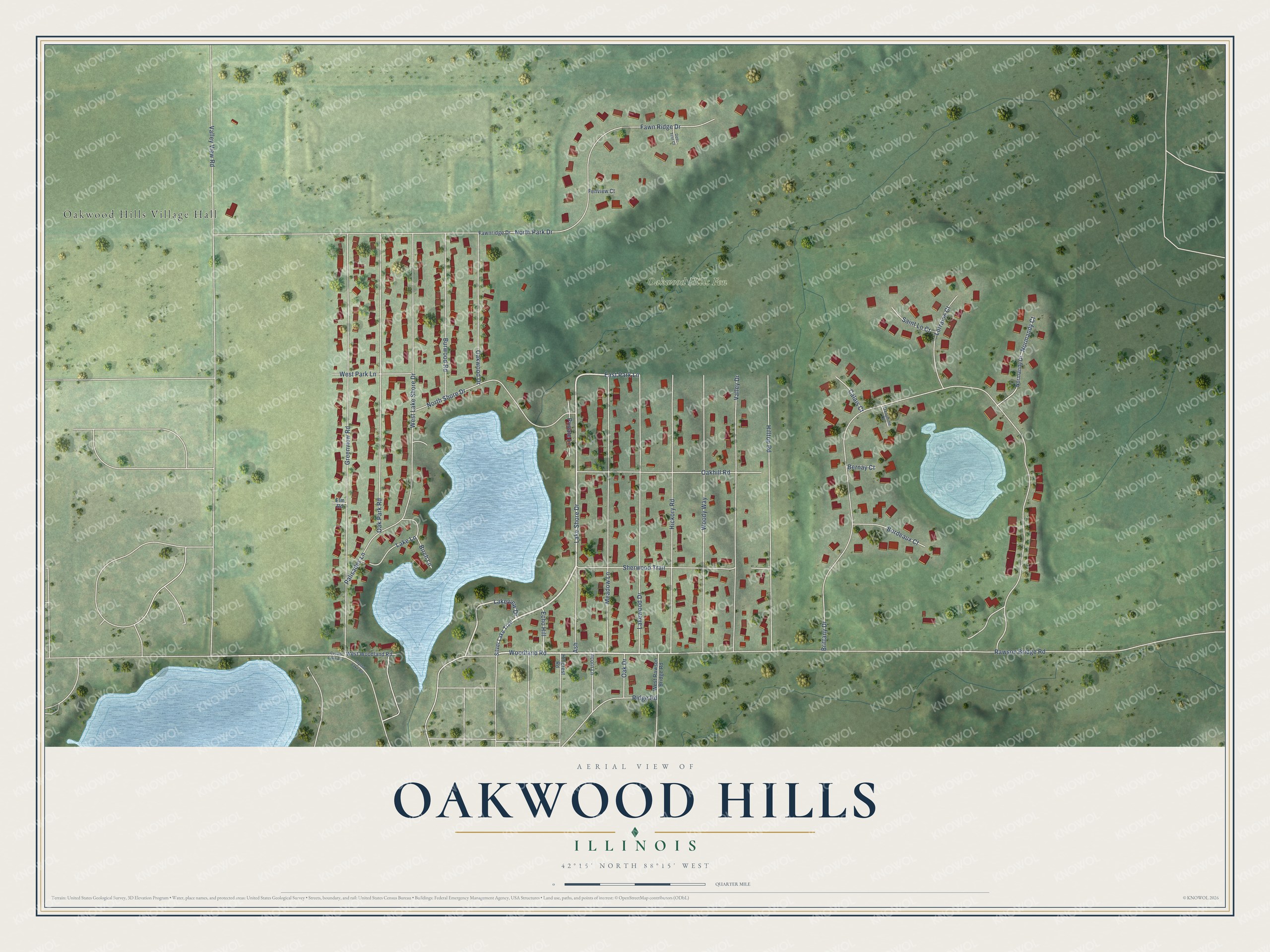 Full map of Oakwood Hills, Illinois, with red buildings, printed street names and the land around them