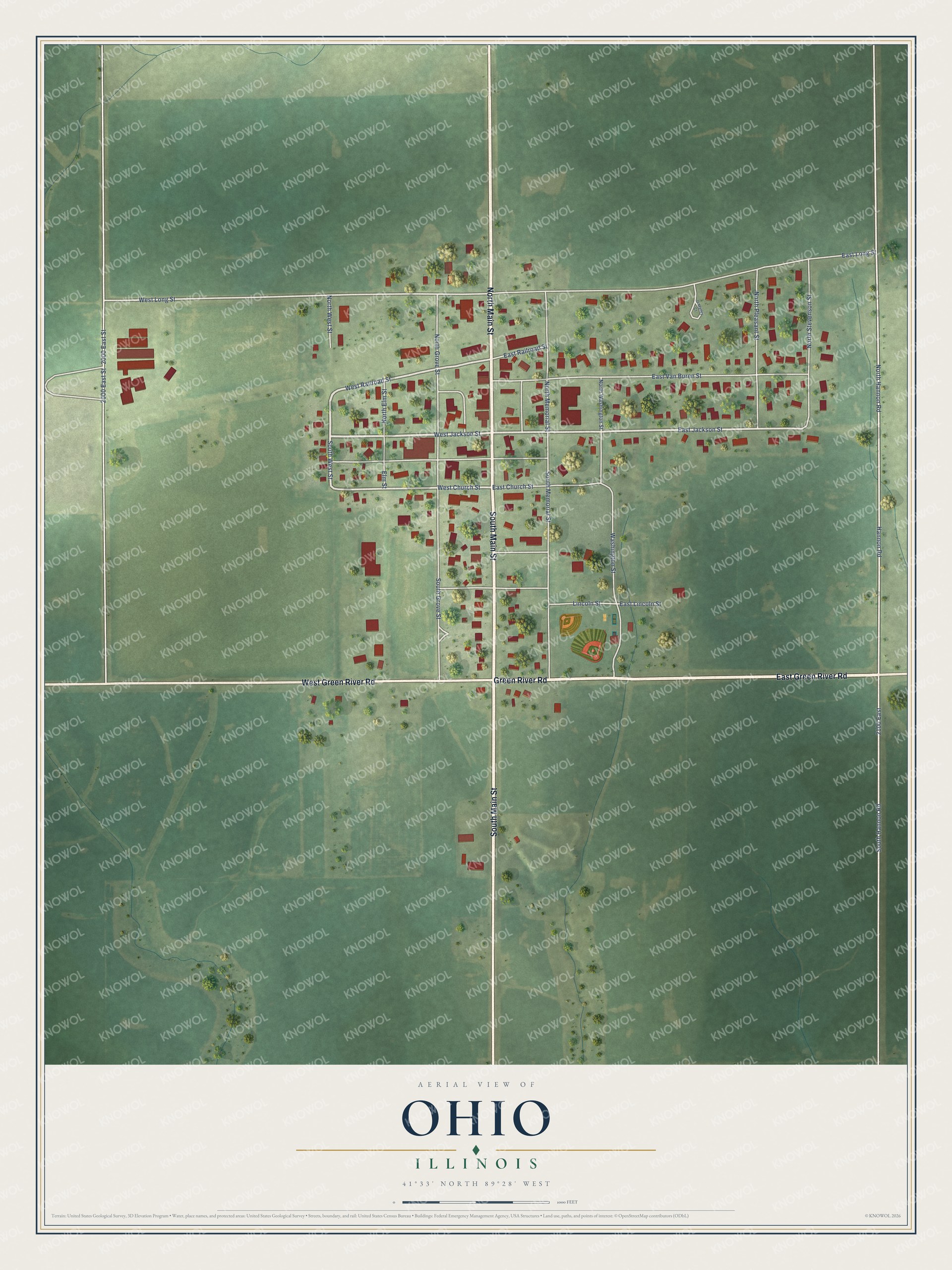 Full map of Ohio, Illinois, with red buildings, printed street names and the land around them