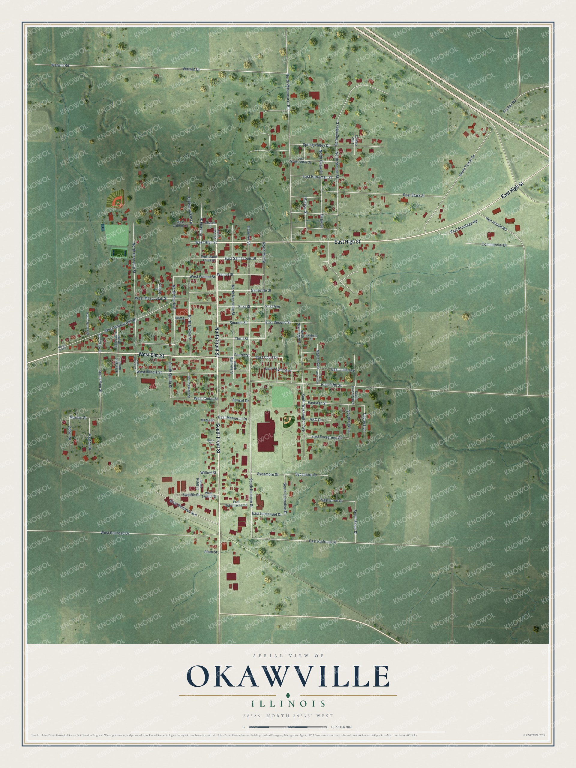 Full map of Okawville, Illinois, with red buildings, printed street names and the land around them