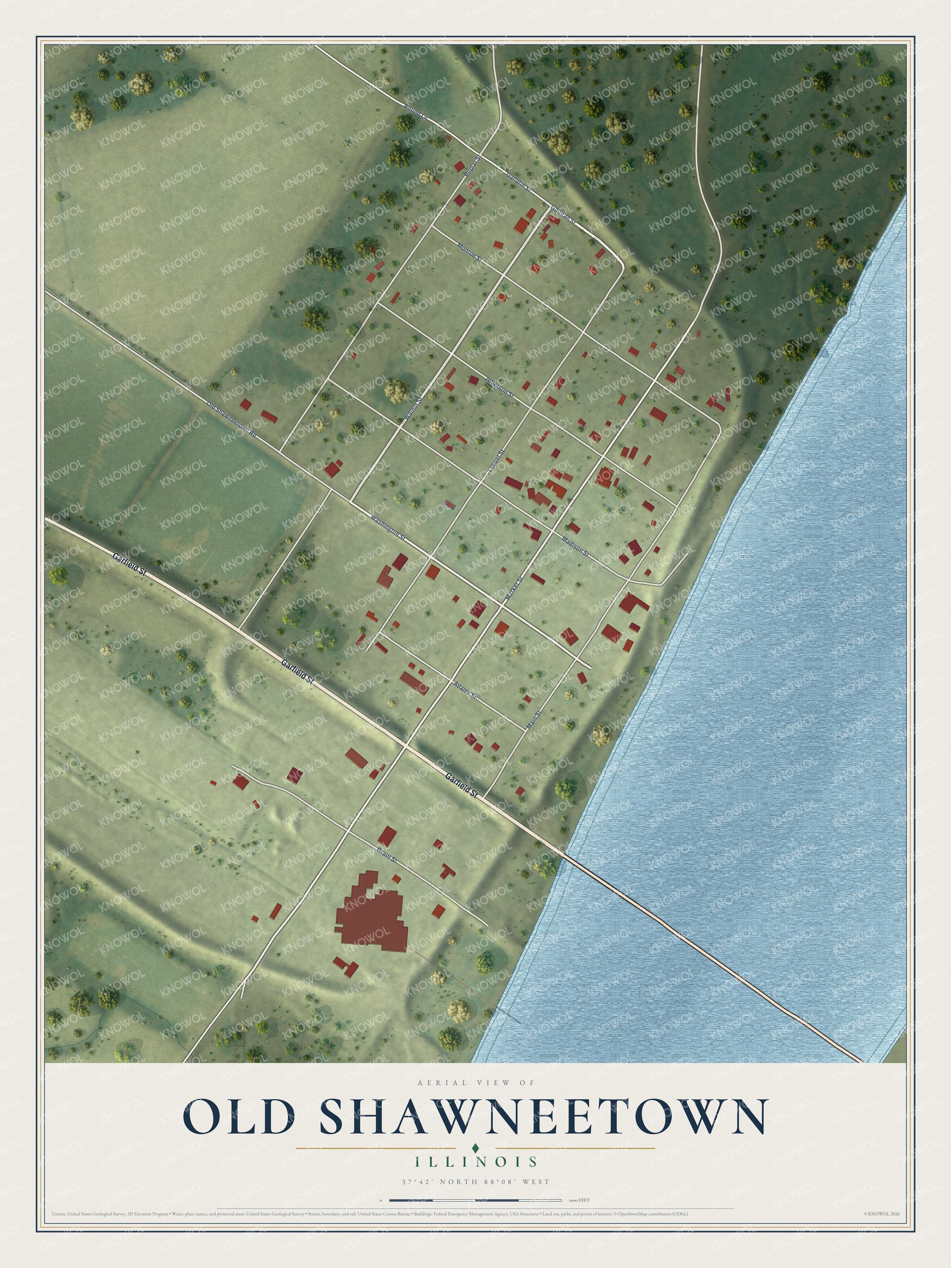 Full map of Old Shawneetown, Illinois, with red buildings, printed street names and the land around them