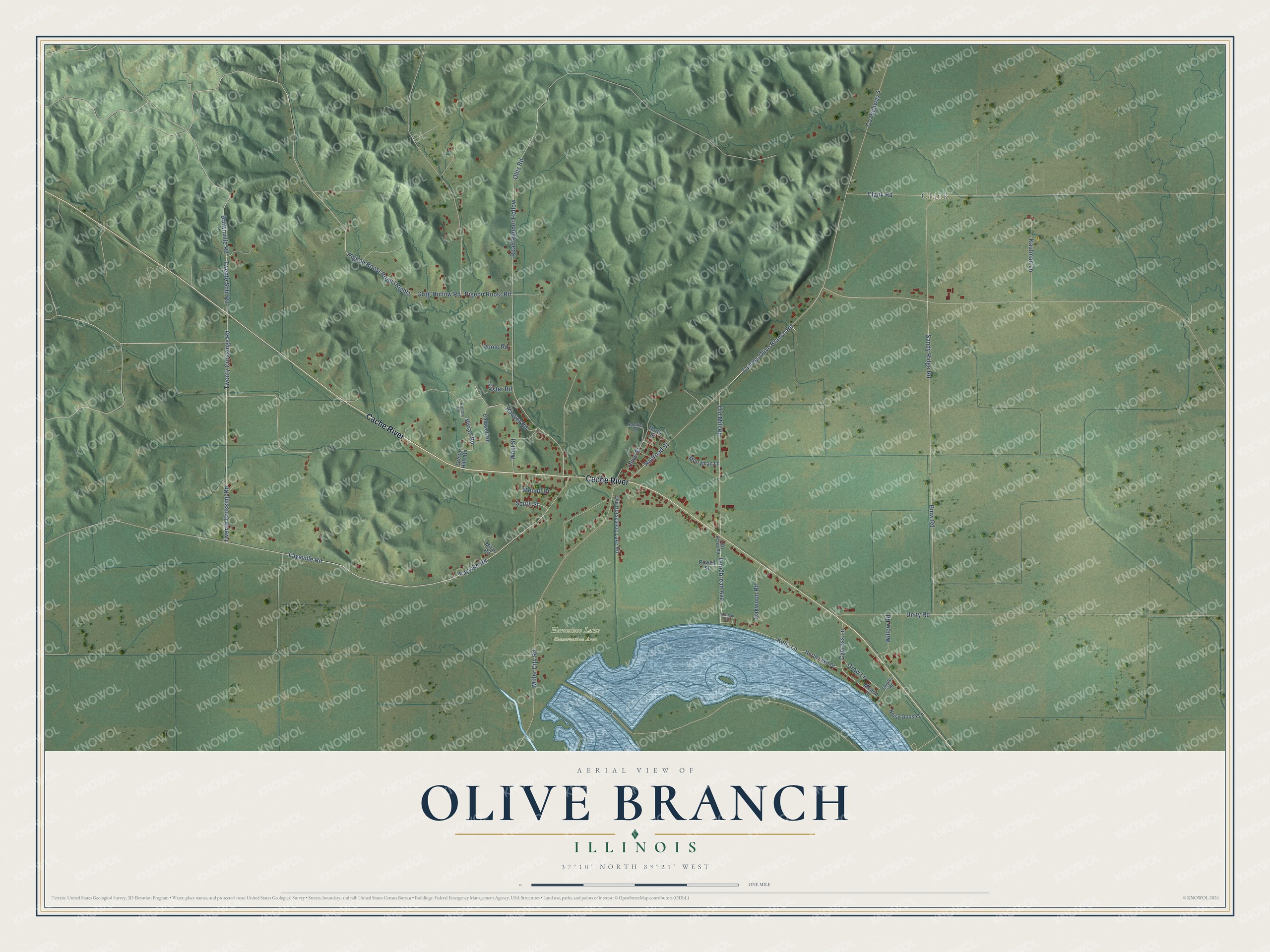 Full map of Olive Branch, Illinois, with red buildings, printed street names and the land around them