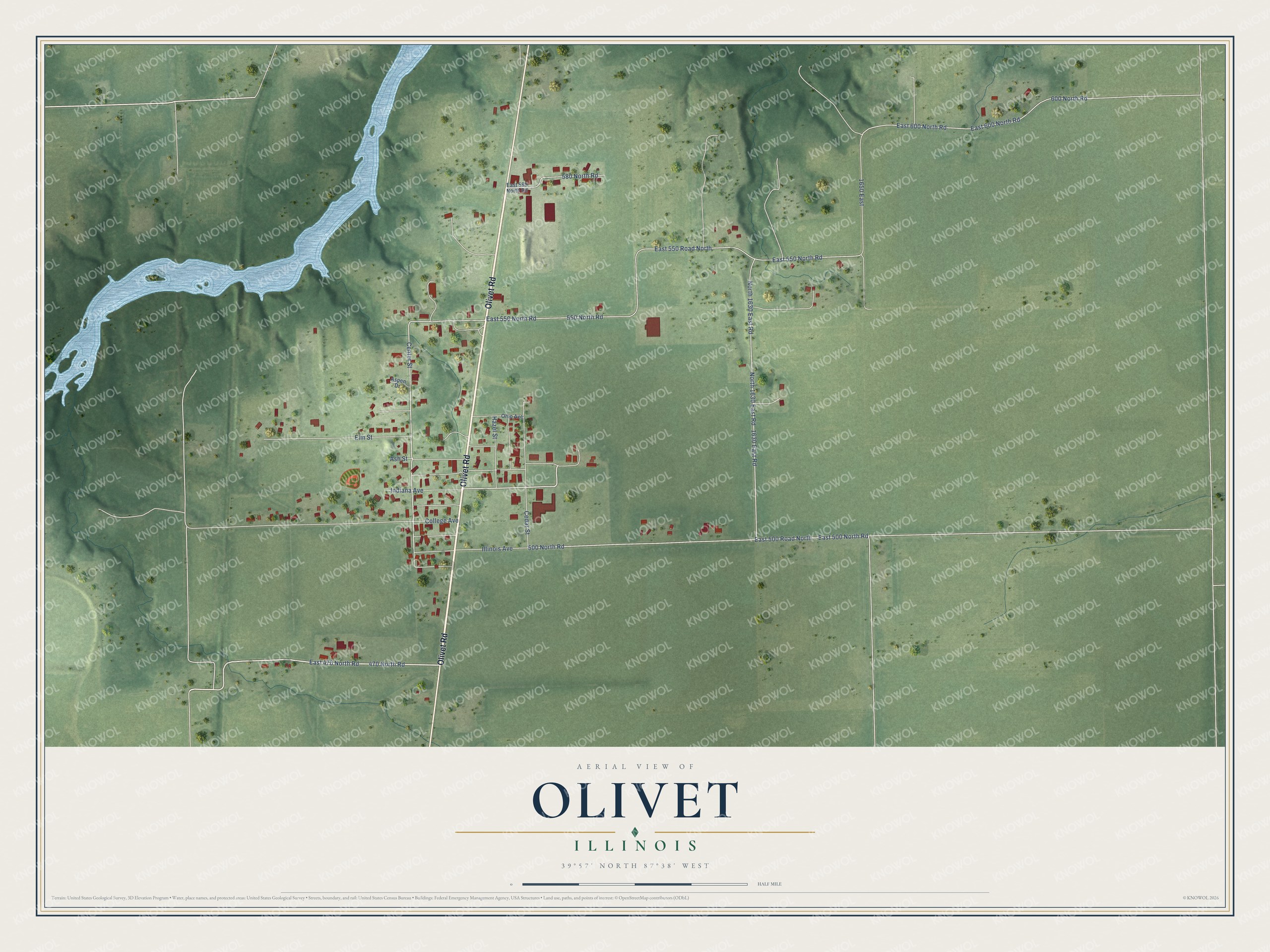 Full map of Olivet, Illinois, with red buildings, printed street names and the land around them