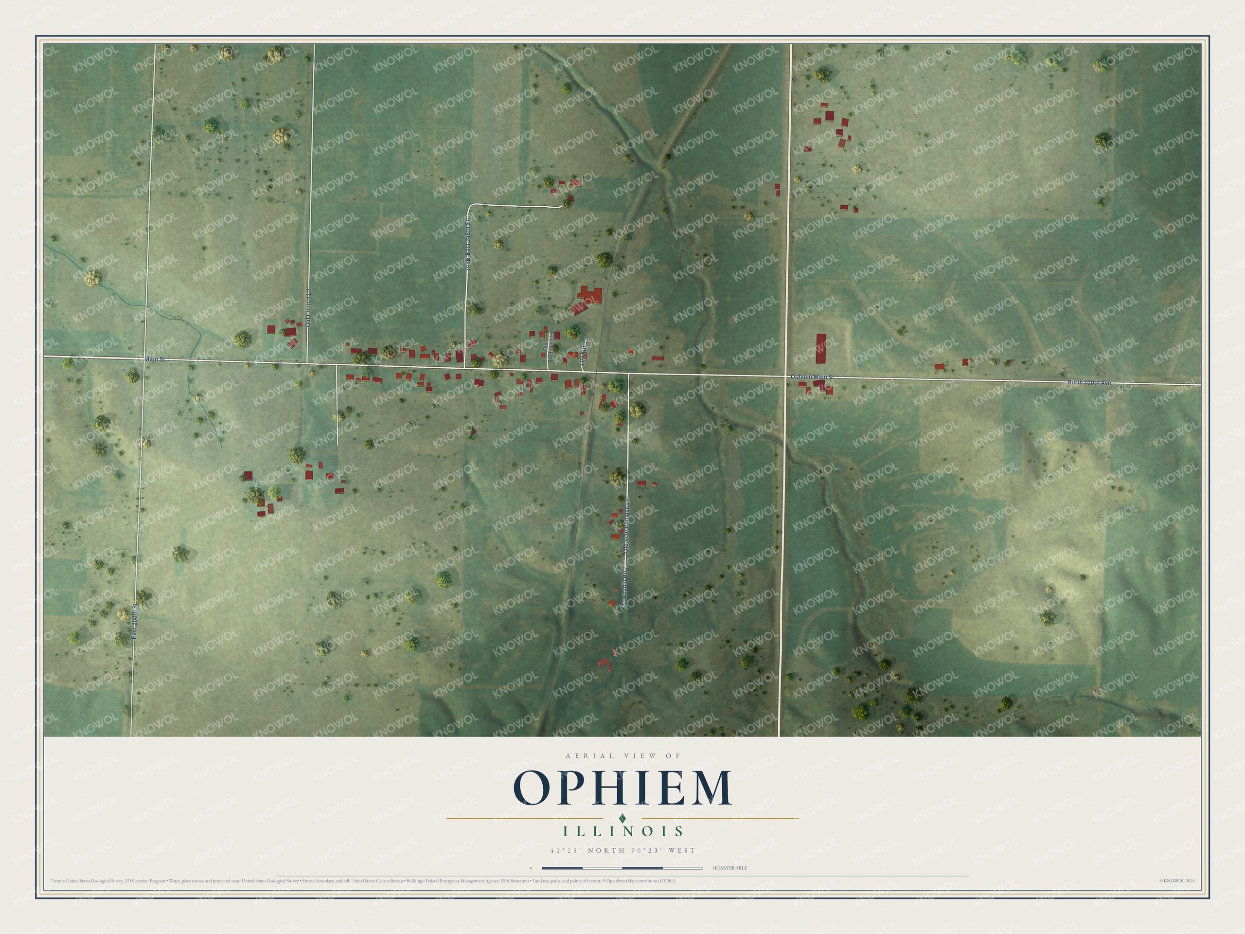 Full map of Ophiem, Illinois, with red buildings, printed street names and the land around them
