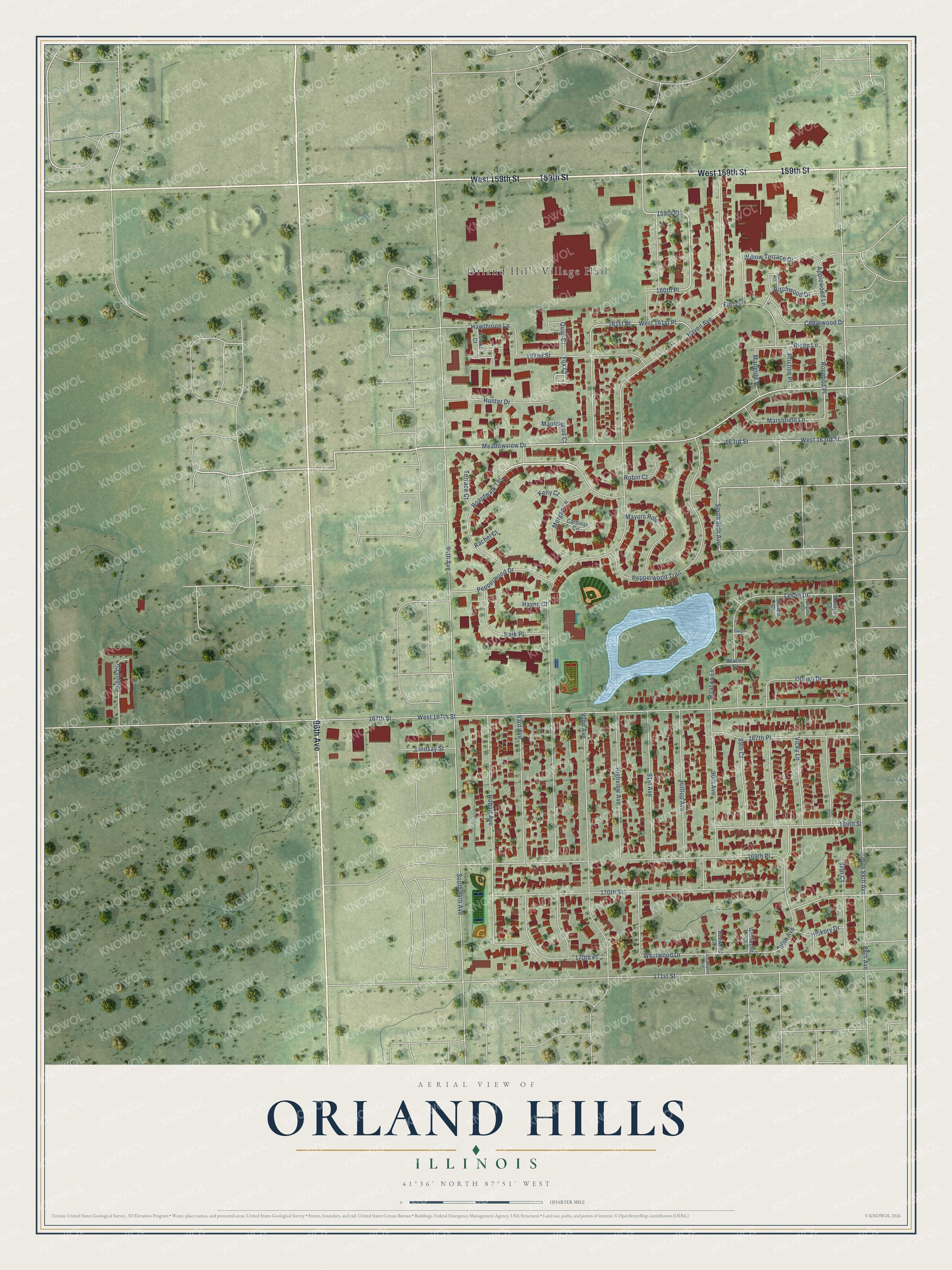 Full map of Orland Hills, Illinois, with red buildings, printed street names and the land around them