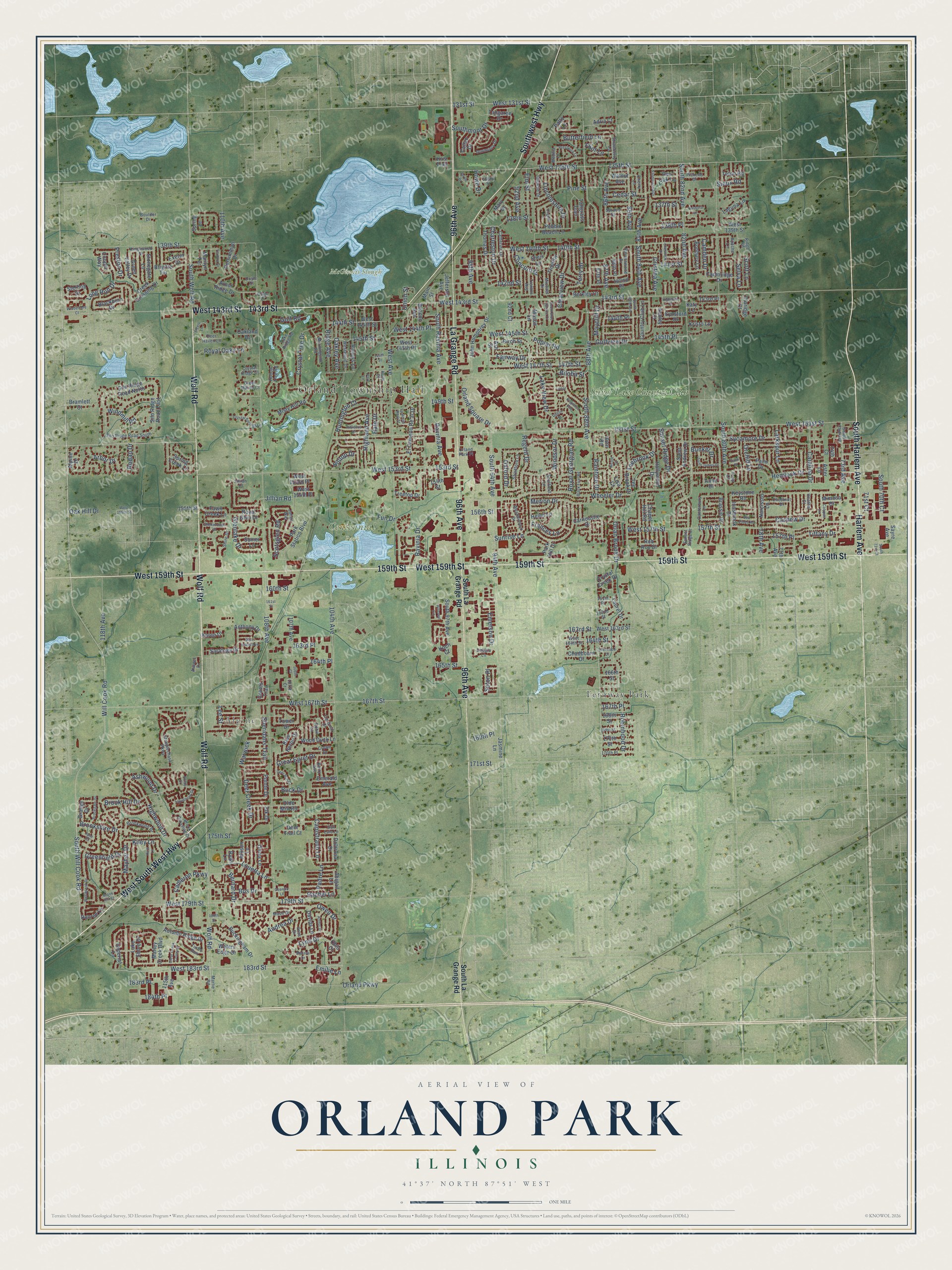 Full map of Orland Park, Illinois, with red buildings, printed street names and the land around them