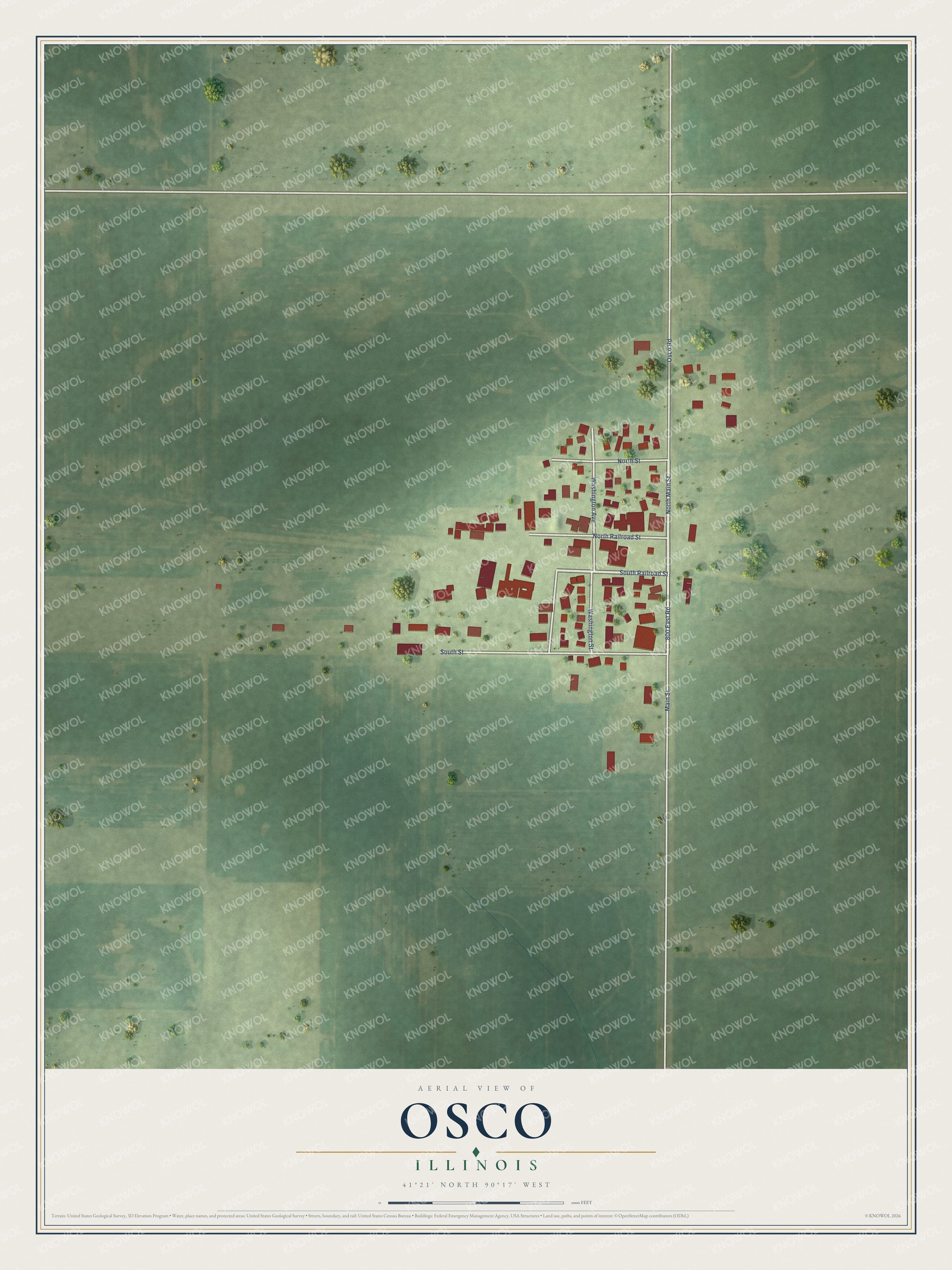 Full map of Osco, Illinois, with red buildings, printed street names and the land around them