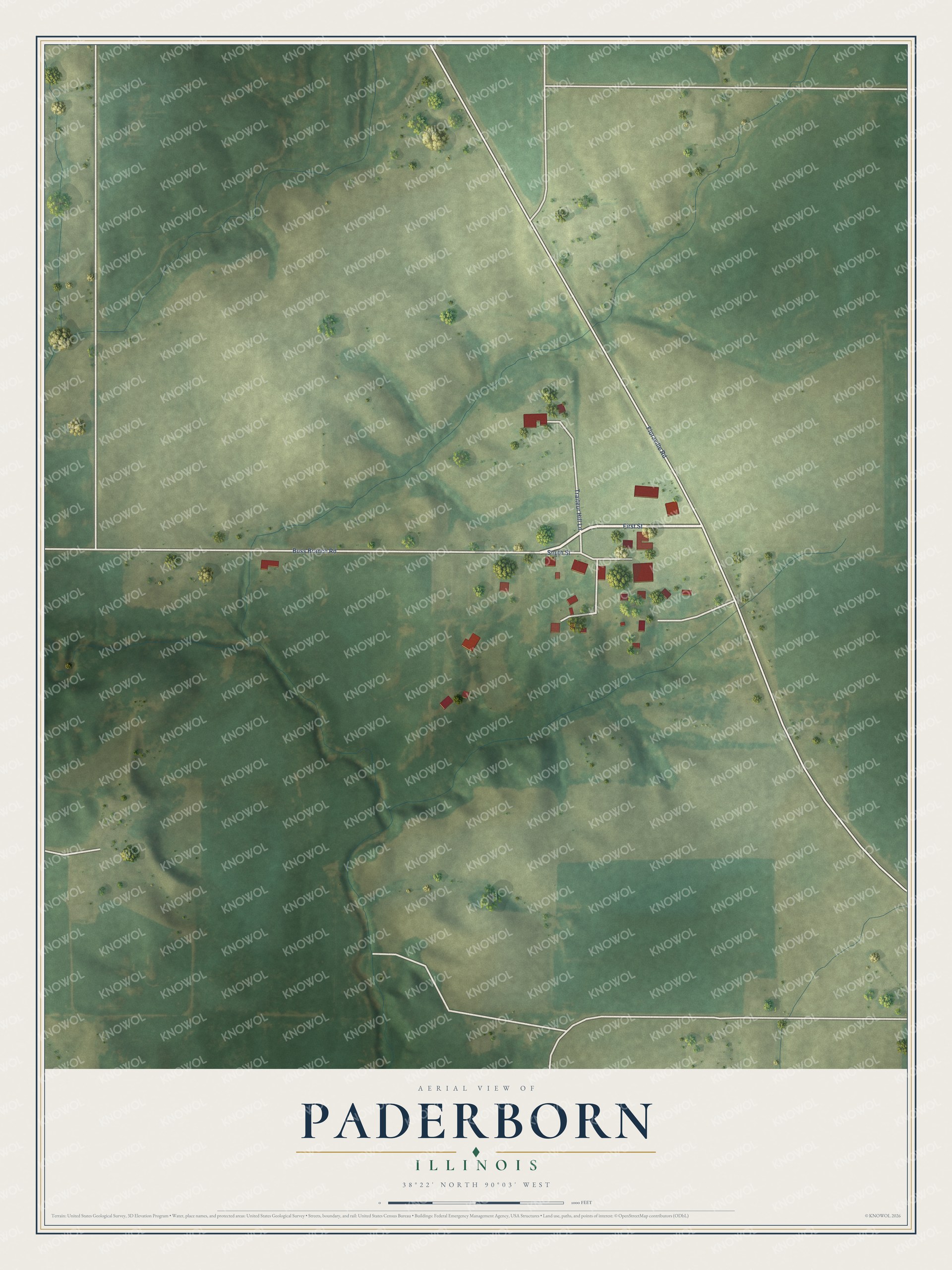 Full map of Paderborn, Illinois, with red buildings, printed street names and the land around them