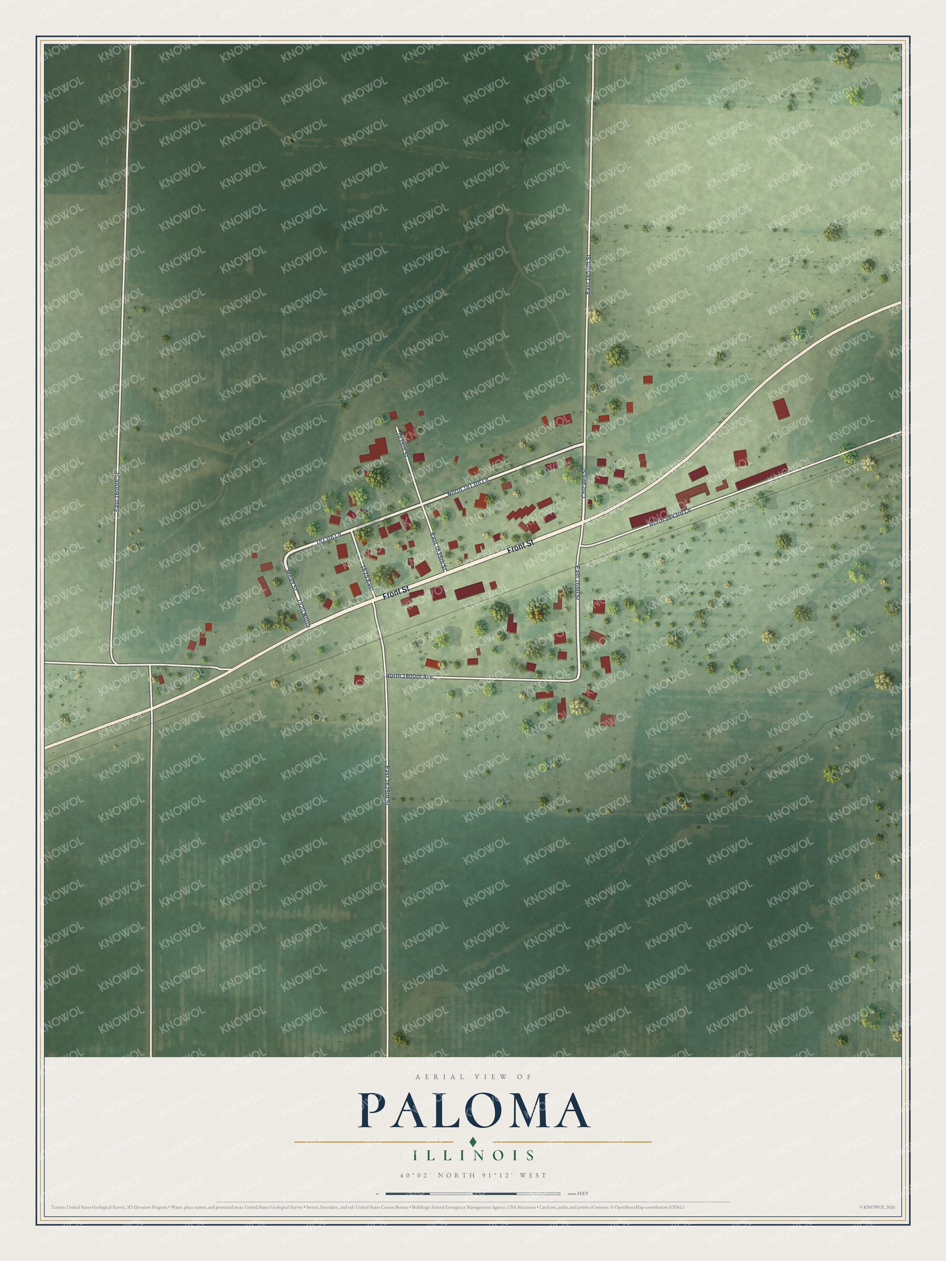 Full map of Paloma, Illinois, with red buildings, printed street names and the land around them