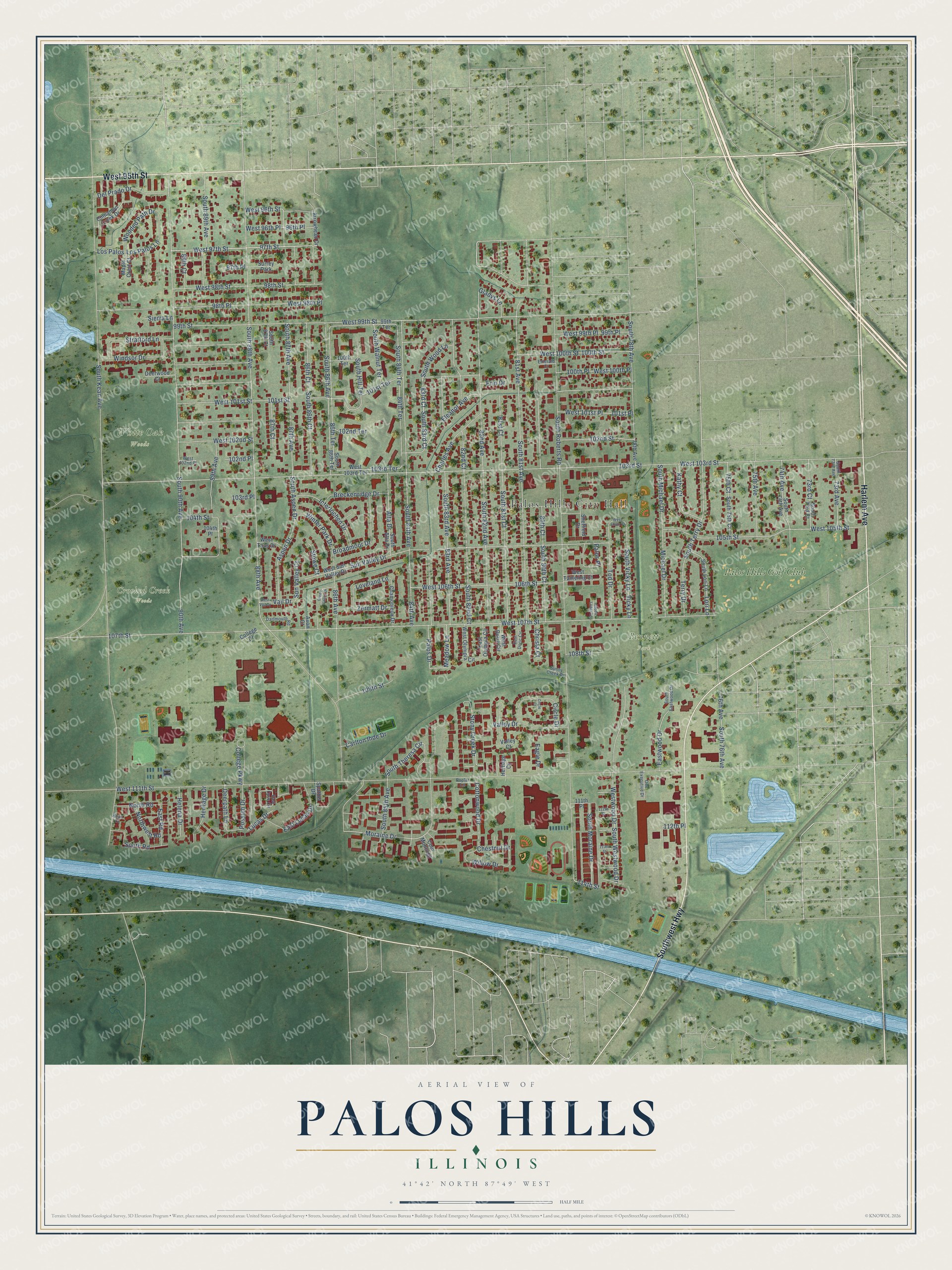 Full map of Palos Hills, Illinois, with red buildings, printed street names and the land around them