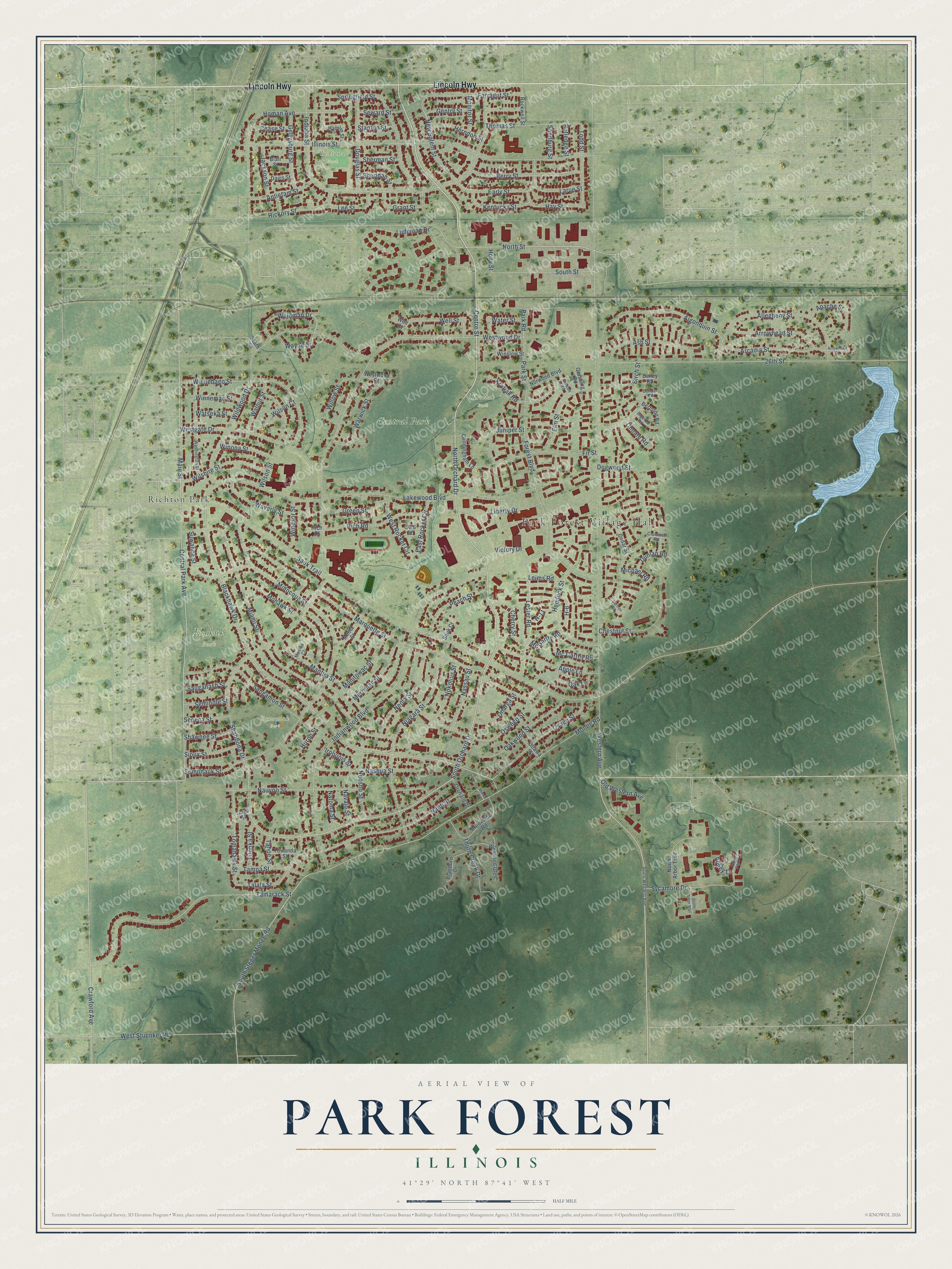 Full map of Park Forest, Illinois, with red buildings, printed street names and the land around them