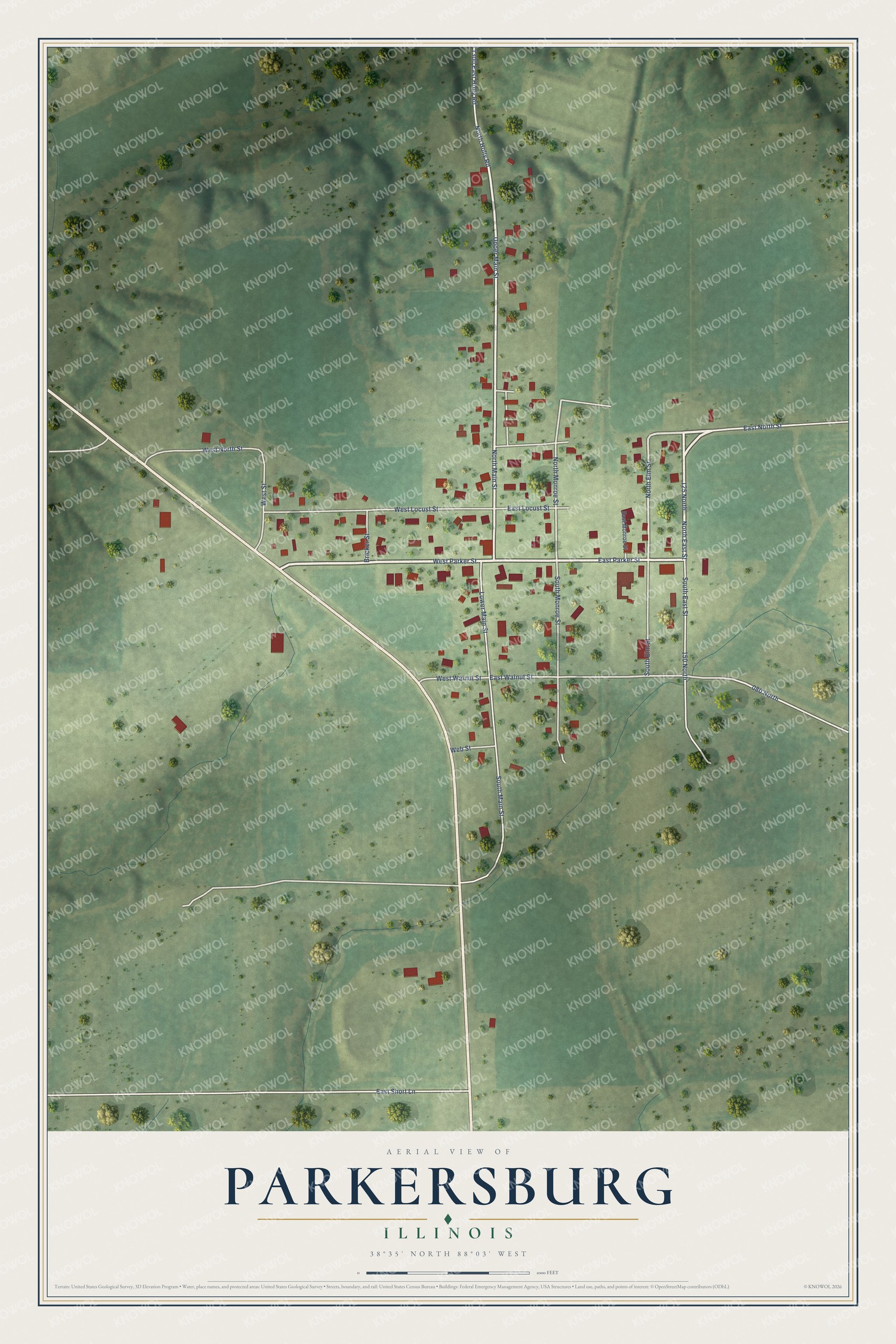 Full map of Parkersburg, Illinois, with red buildings, printed street names and the land around them