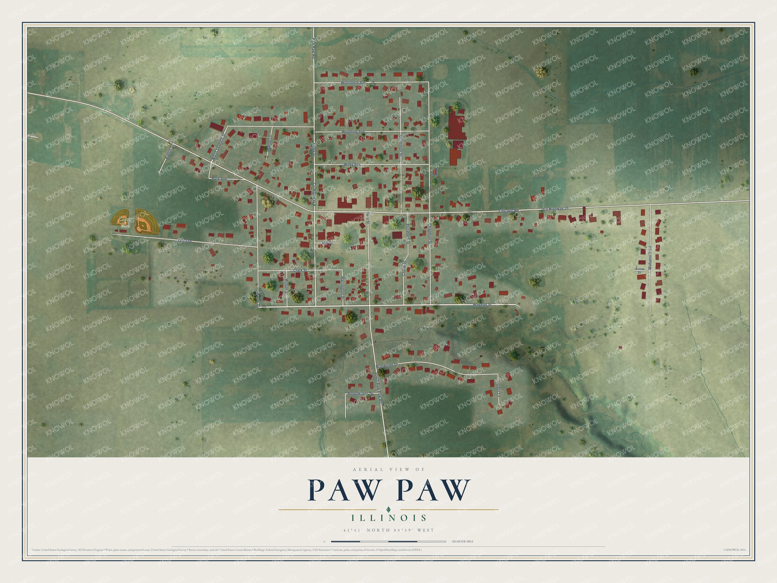 Full map of Paw Paw, Illinois, with red buildings, printed street names and the land around them