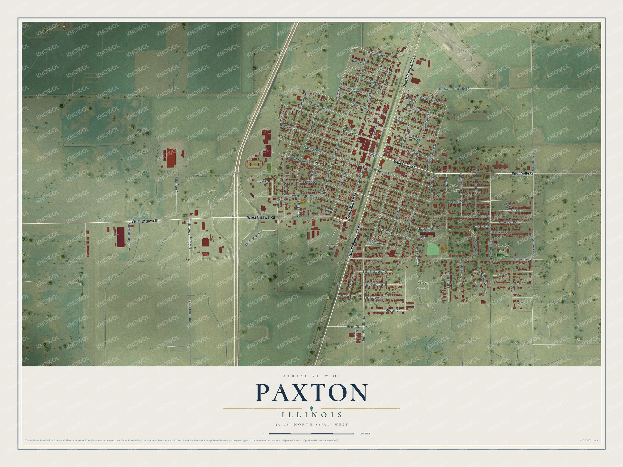 Full map of Paxton, Illinois, with red buildings, printed street names and the land around them