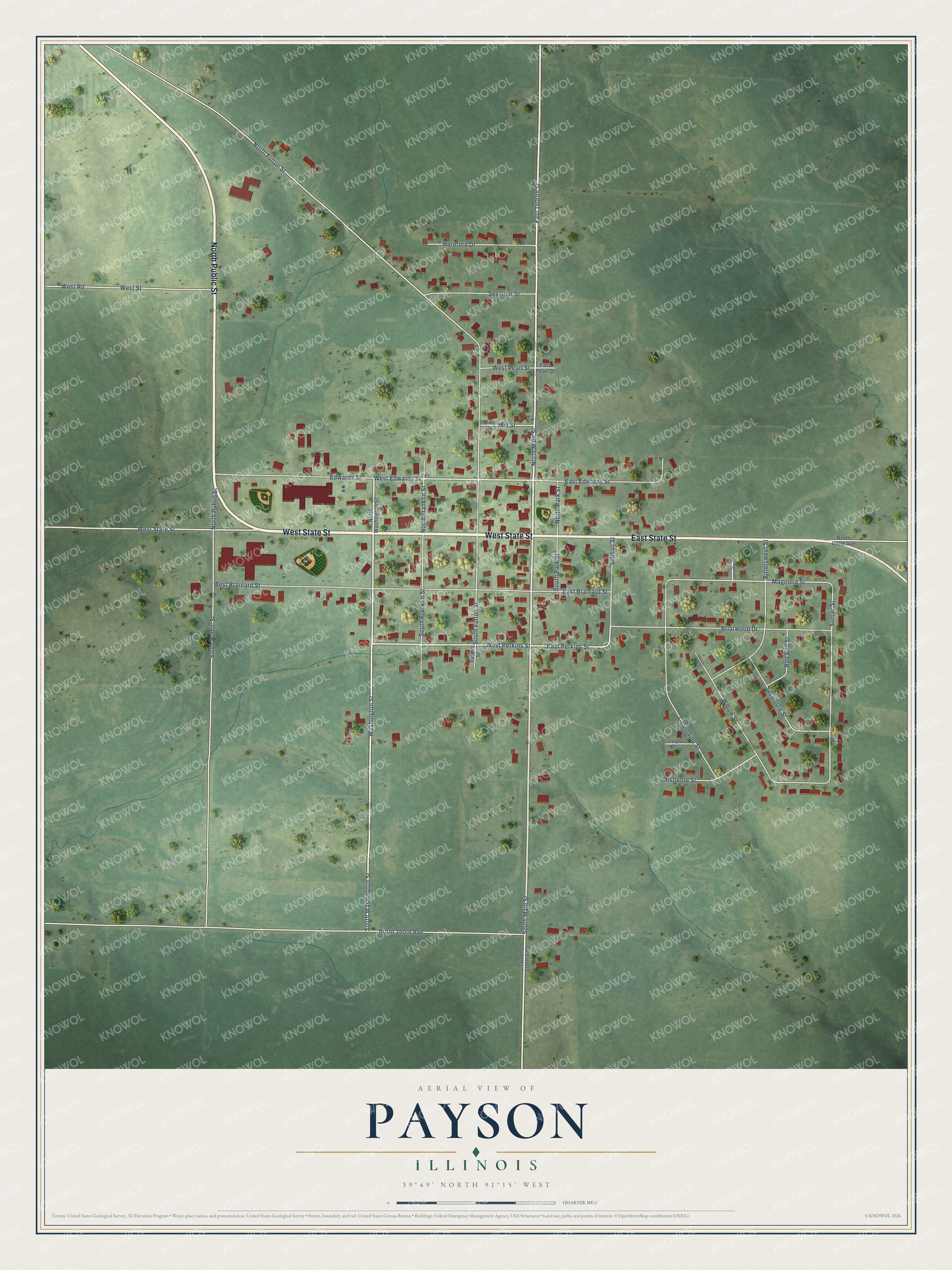 Full map of Payson, Illinois, with red buildings, printed street names and the land around them
