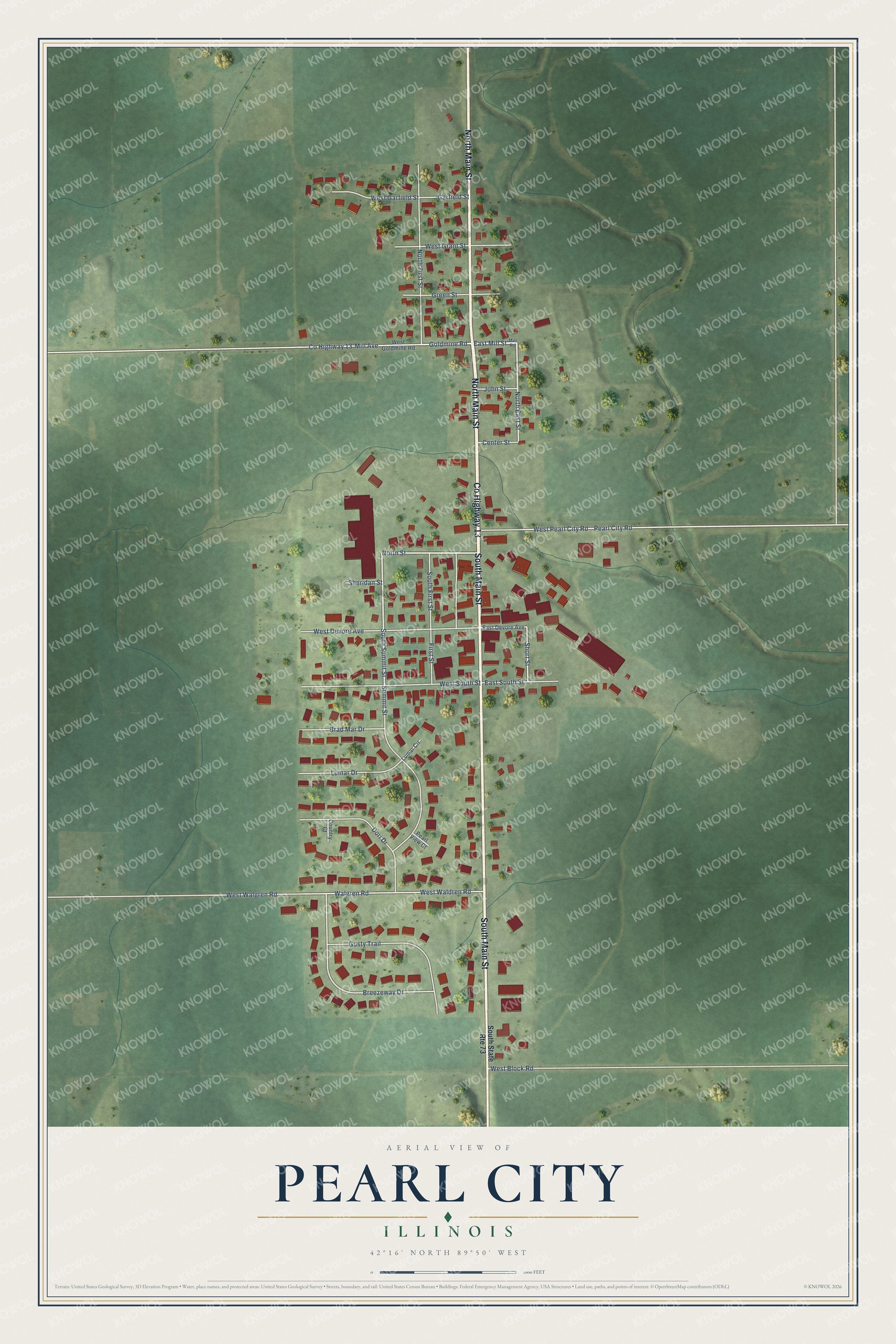 Full map of Pearl City, Illinois, with red buildings, printed street names and the land around them
