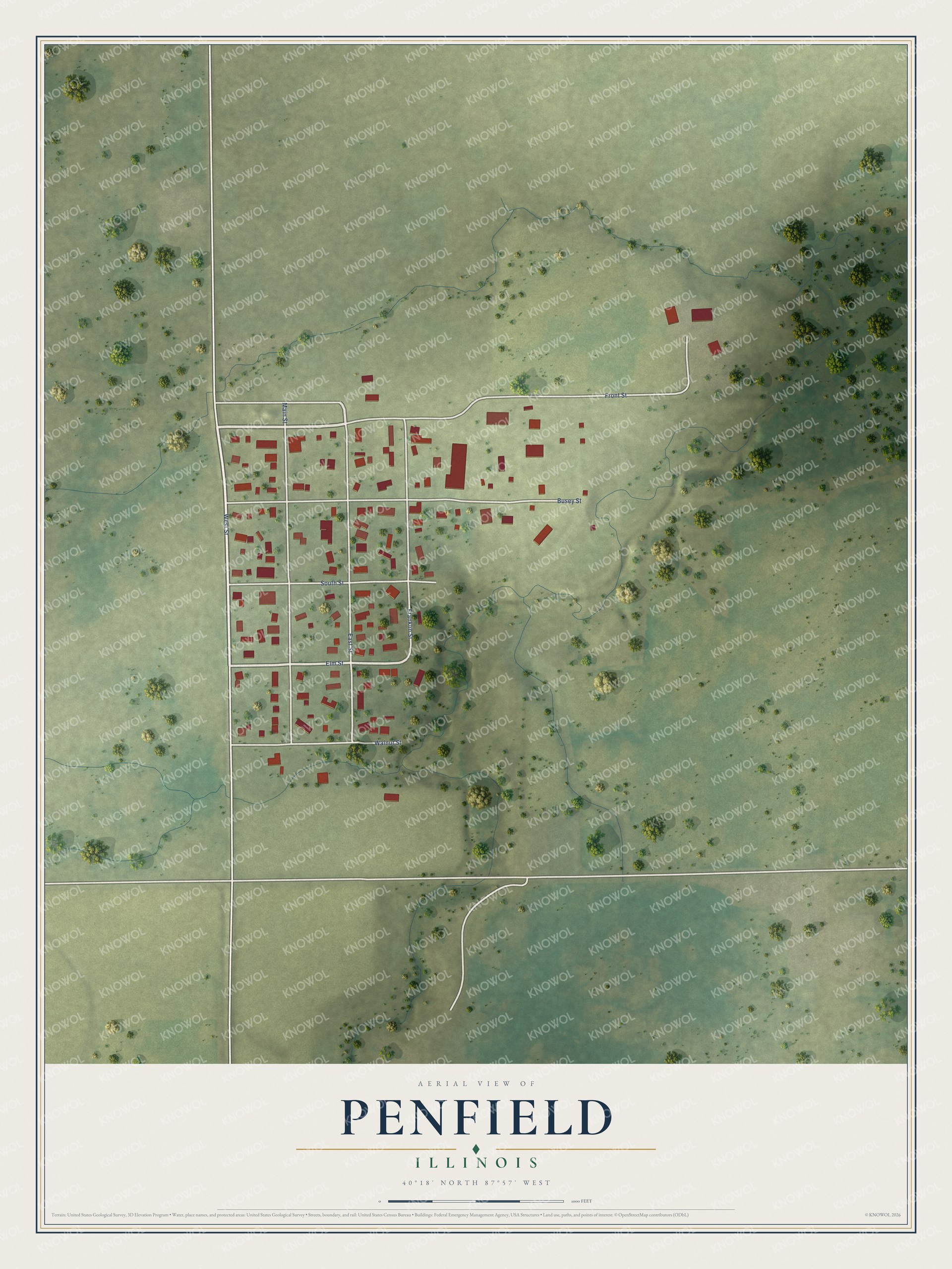Full map of Penfield, Illinois, with red buildings, printed street names and the land around them