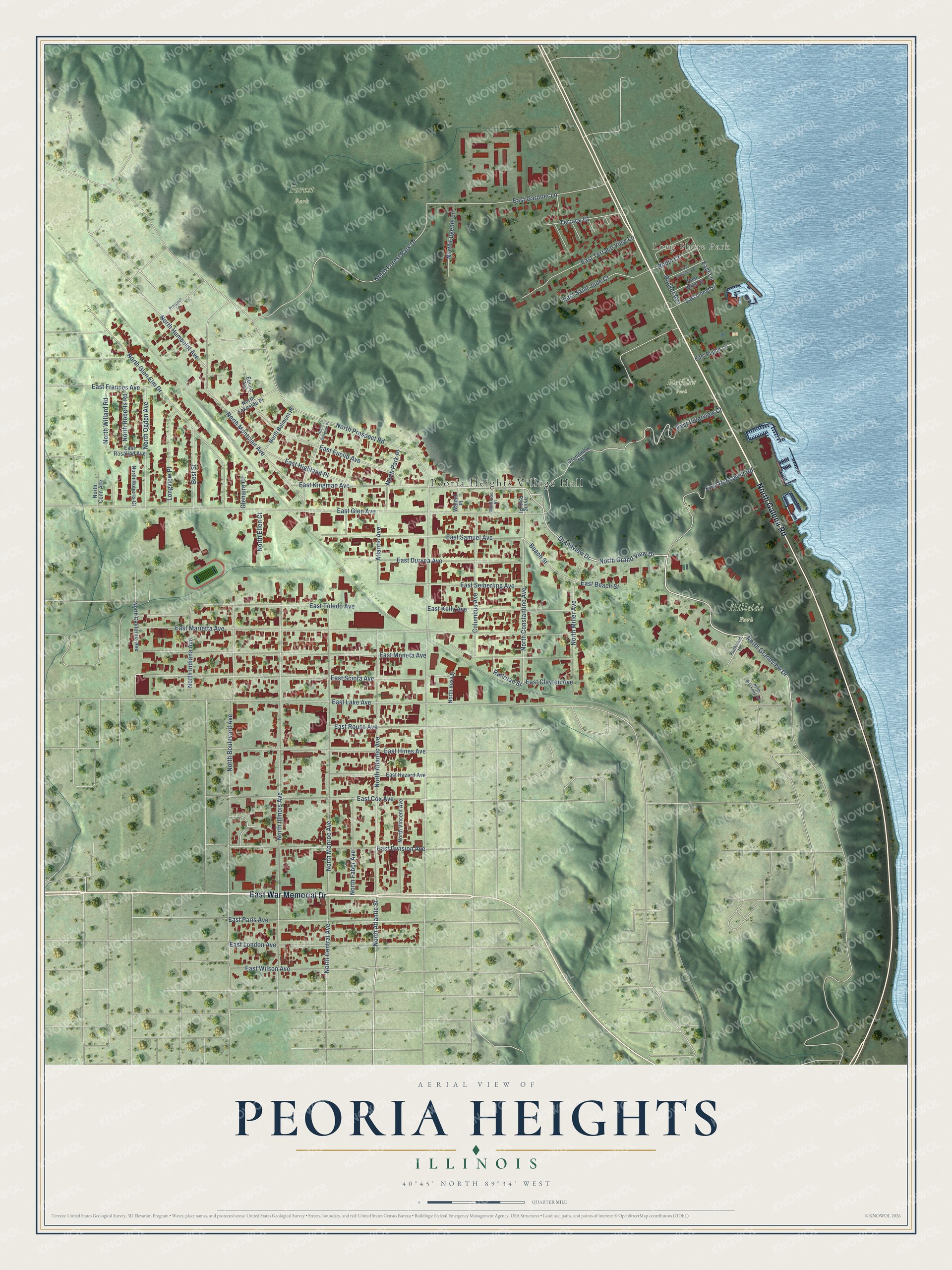Full map of Peoria Heights, Illinois, with red buildings, printed street names and the land around them