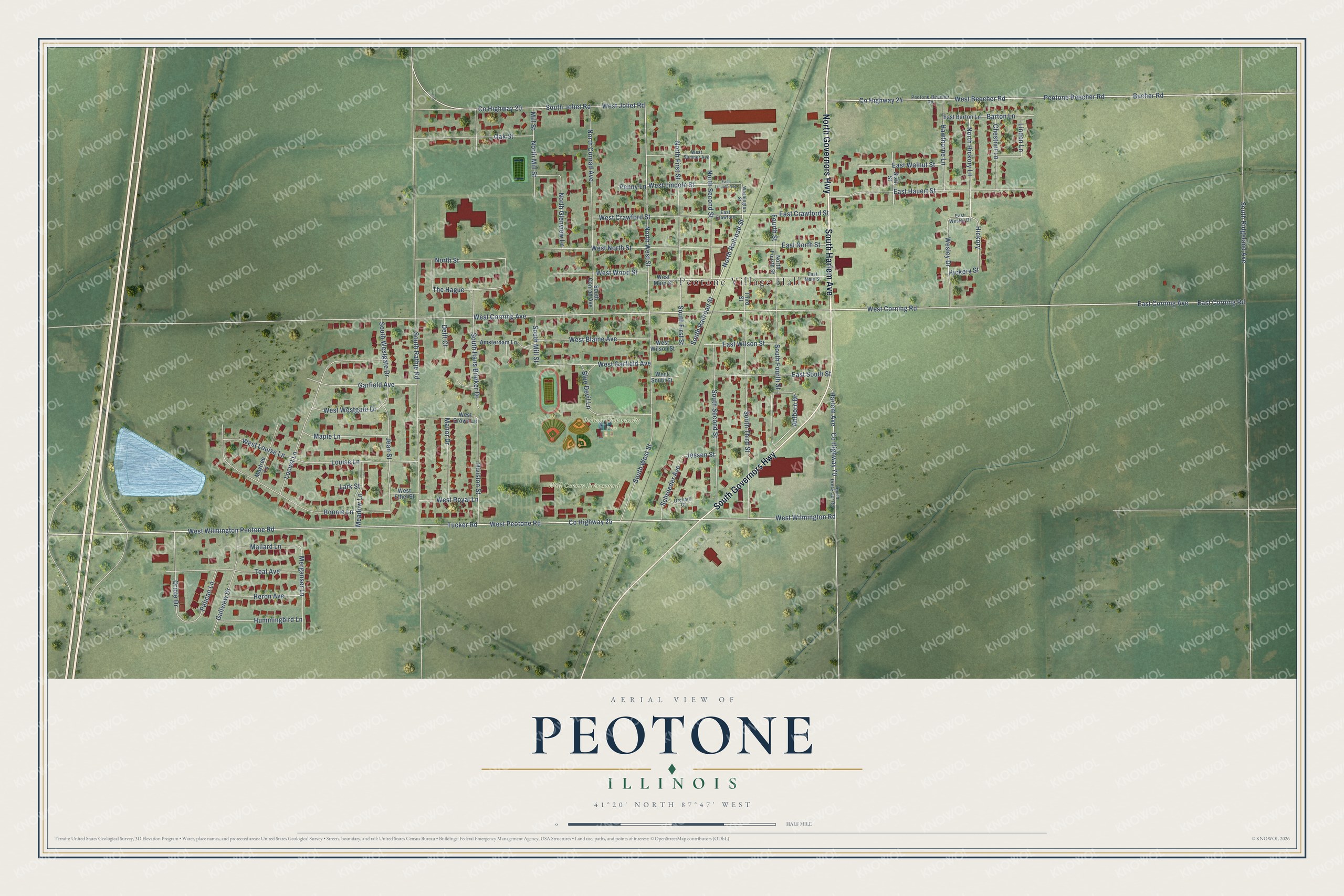 Full map of Peotone, Illinois, with red buildings, printed street names and the land around them