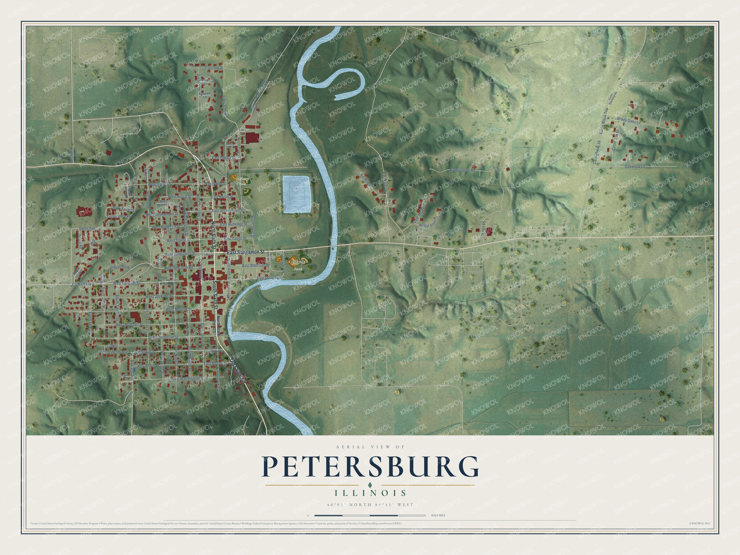 Full map of Petersburg, Illinois, with red buildings, printed street names and the land around them