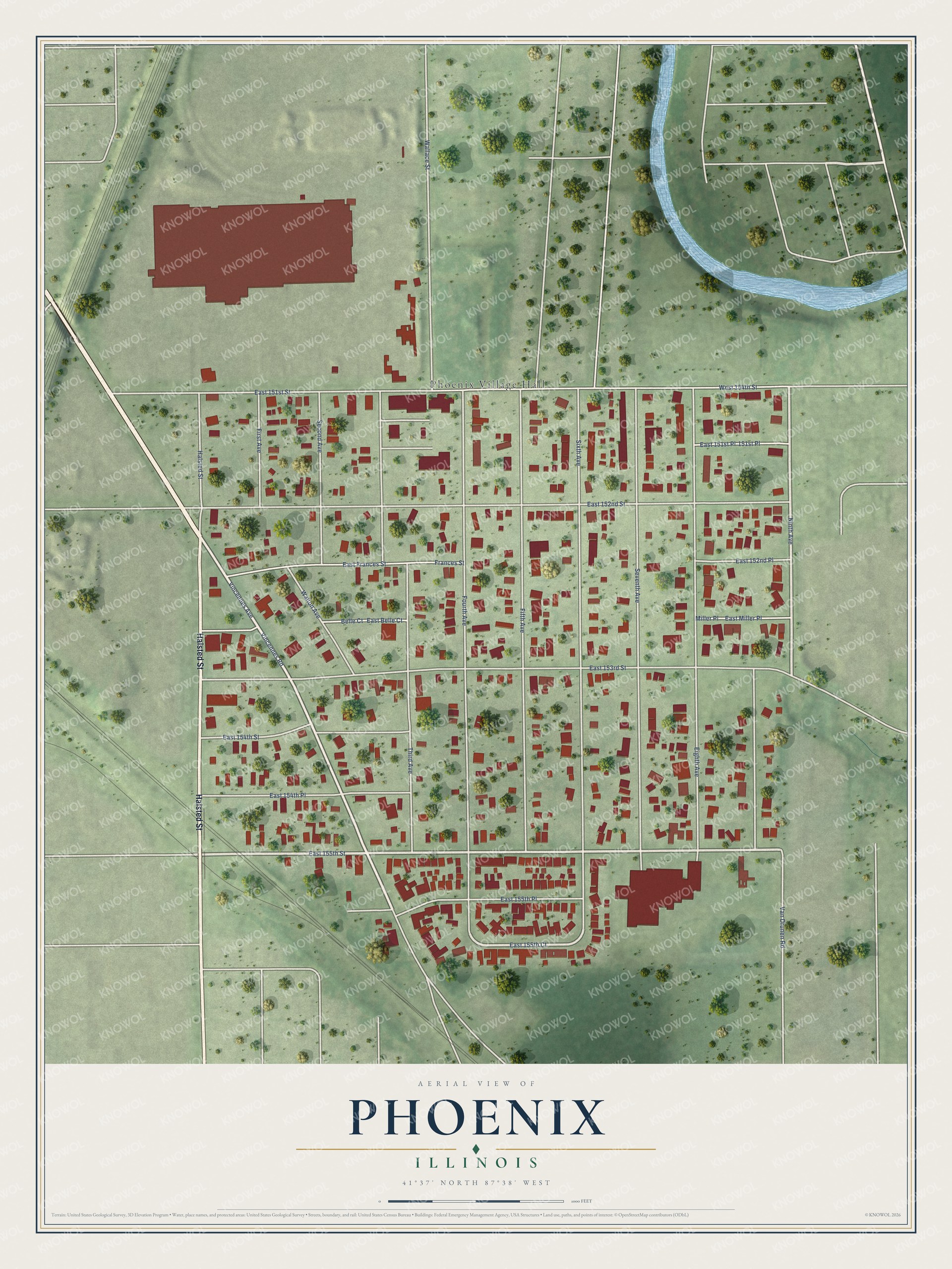 Full map of Phoenix, Illinois, with red buildings, printed street names and the land around them