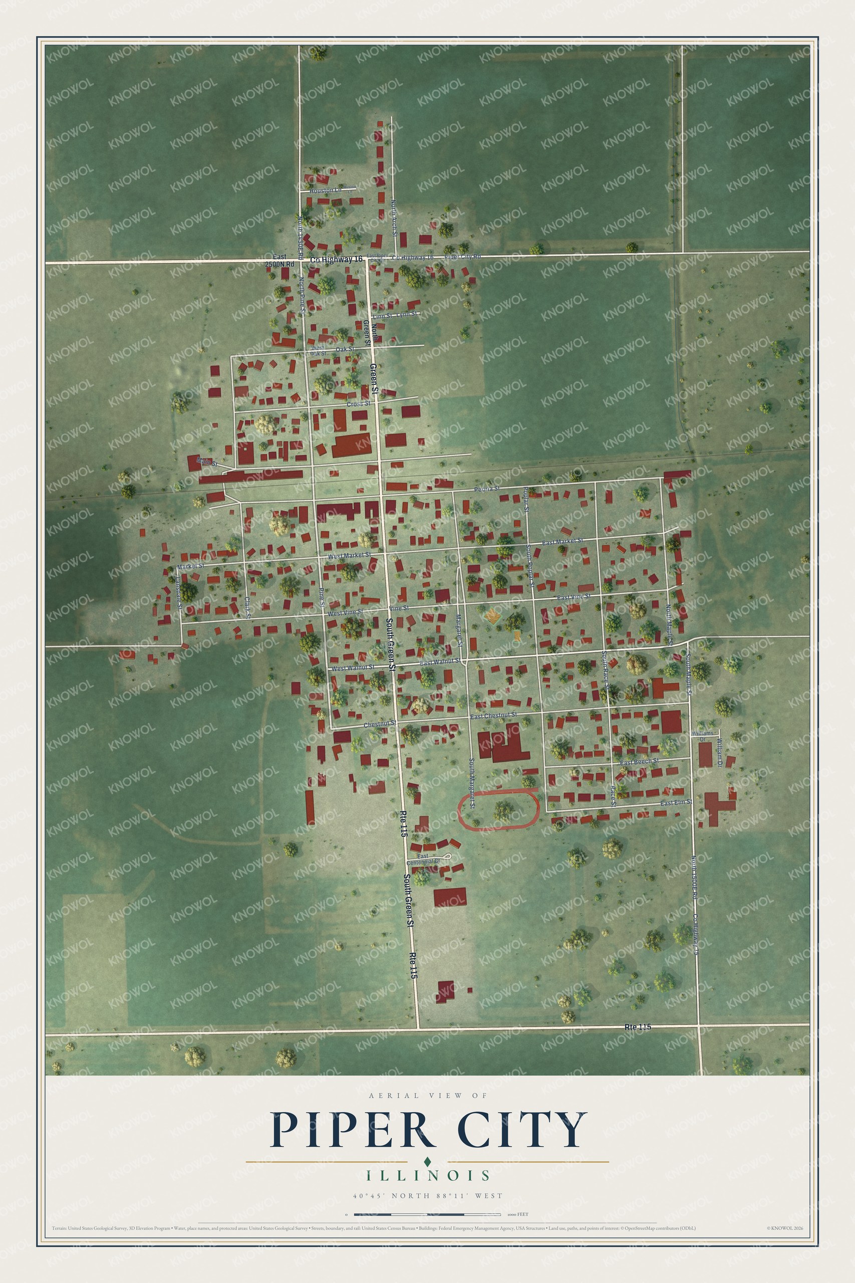 Full map of Piper City, Illinois, with red buildings, printed street names and the land around them