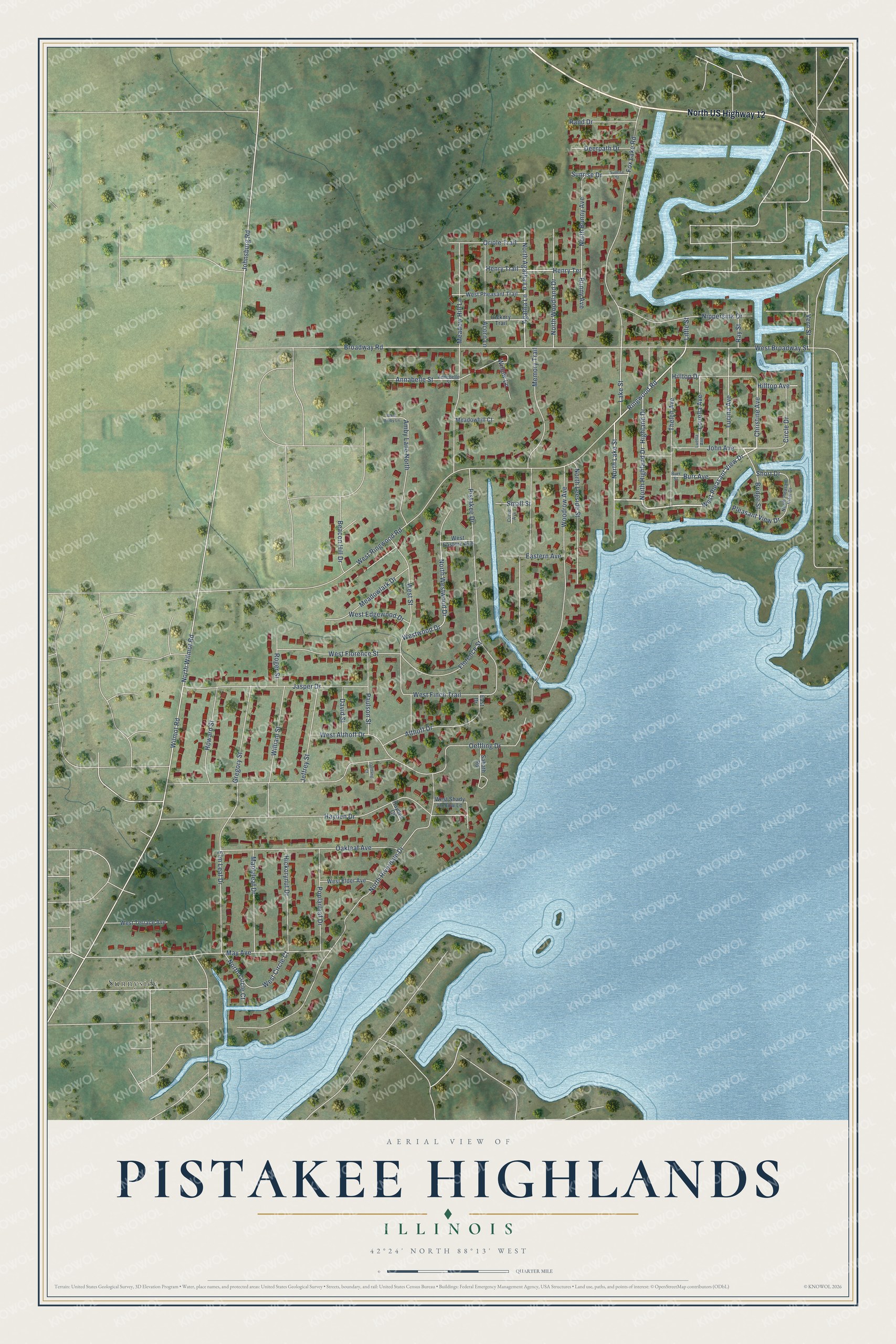 Full map of Pistakee Highlands, Illinois, with red buildings, printed street names and the land around them