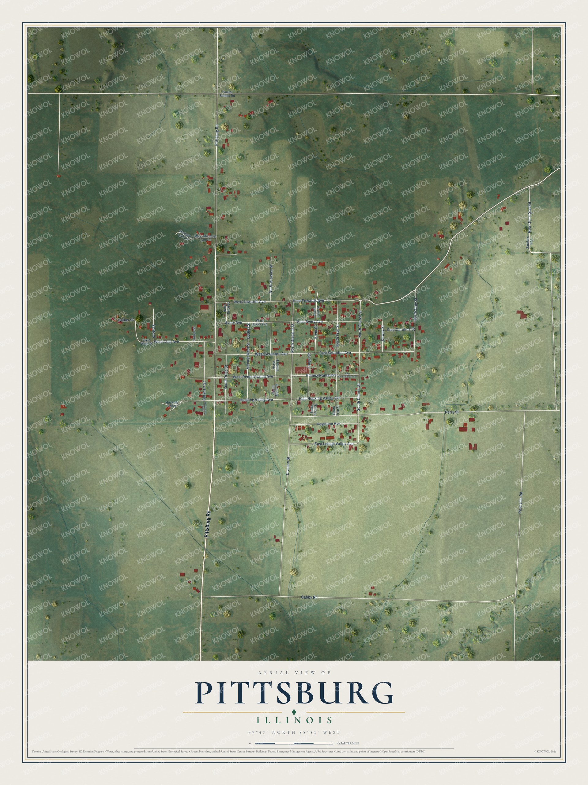 Full map of Pittsburg, Illinois, with red buildings, printed street names and the land around them