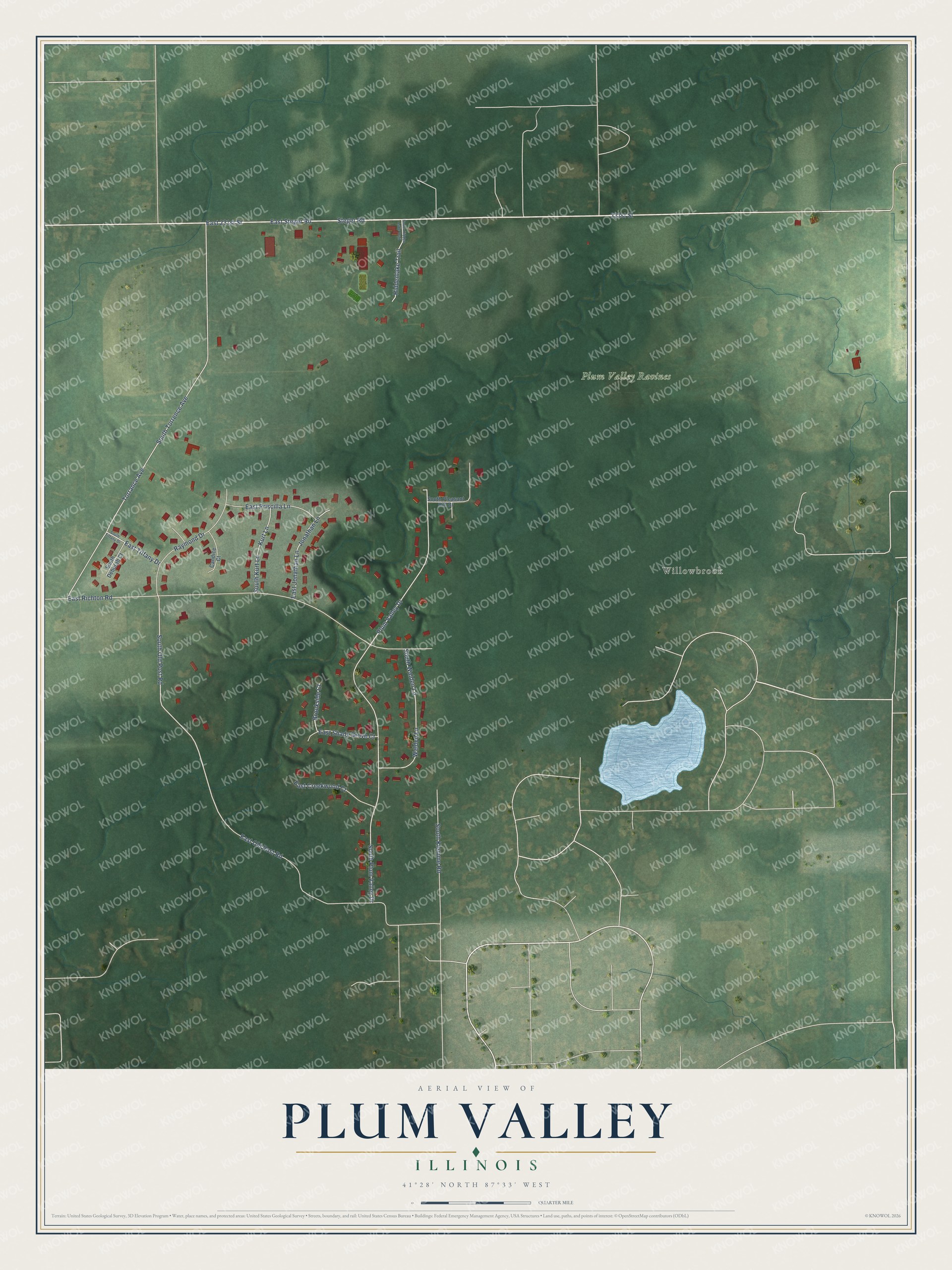 Full map of Plum Valley, Illinois, with red buildings, printed street names and the land around them
