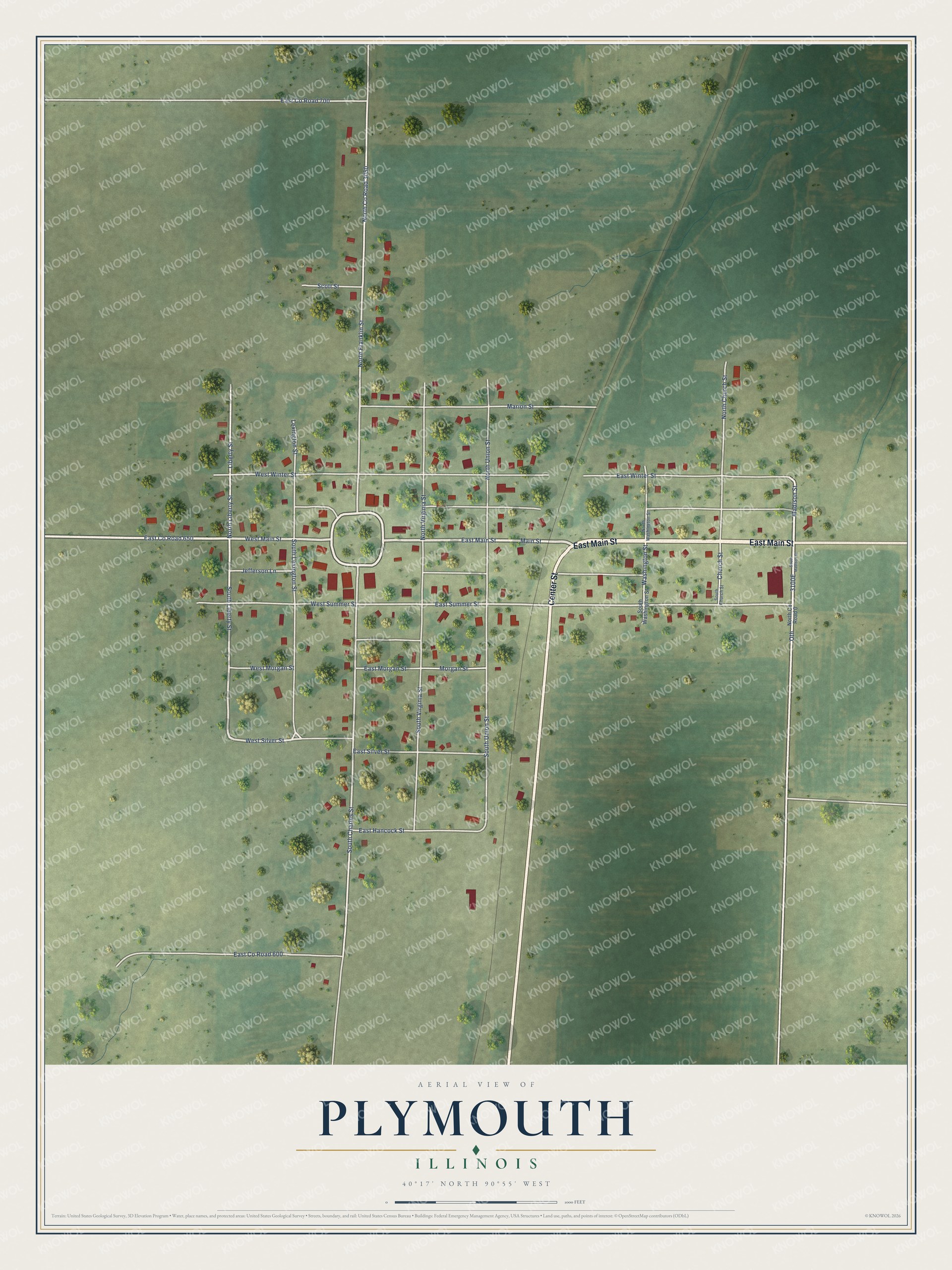 Full map of Plymouth, Illinois, with red buildings, printed street names and the land around them