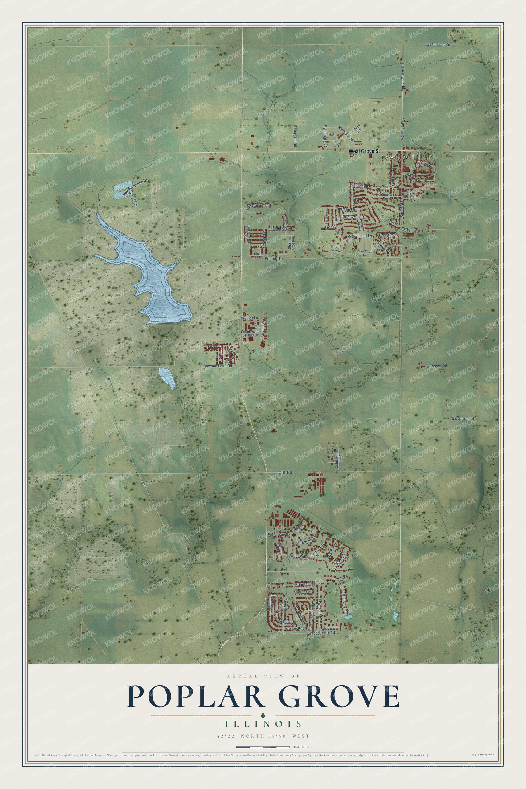 Full map of Poplar Grove, Illinois, with red buildings, printed street names and the land around them