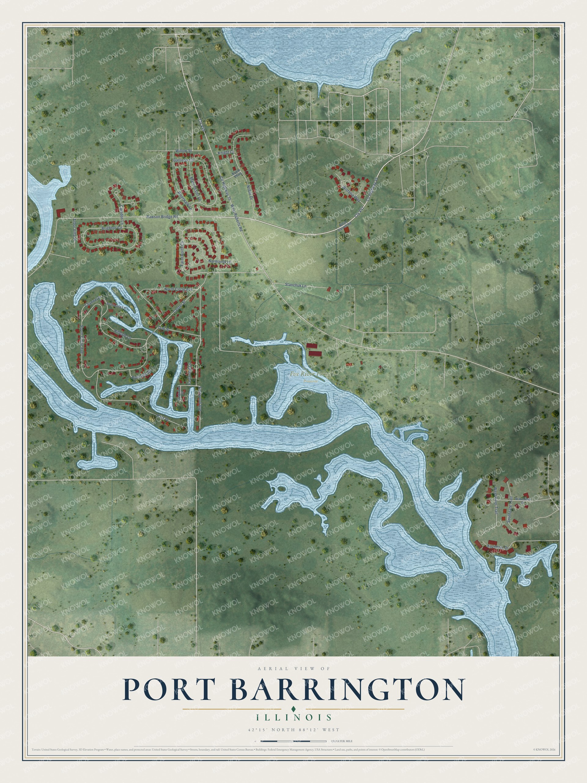 Full map of Port Barrington, Illinois, with red buildings, printed street names and the land around them