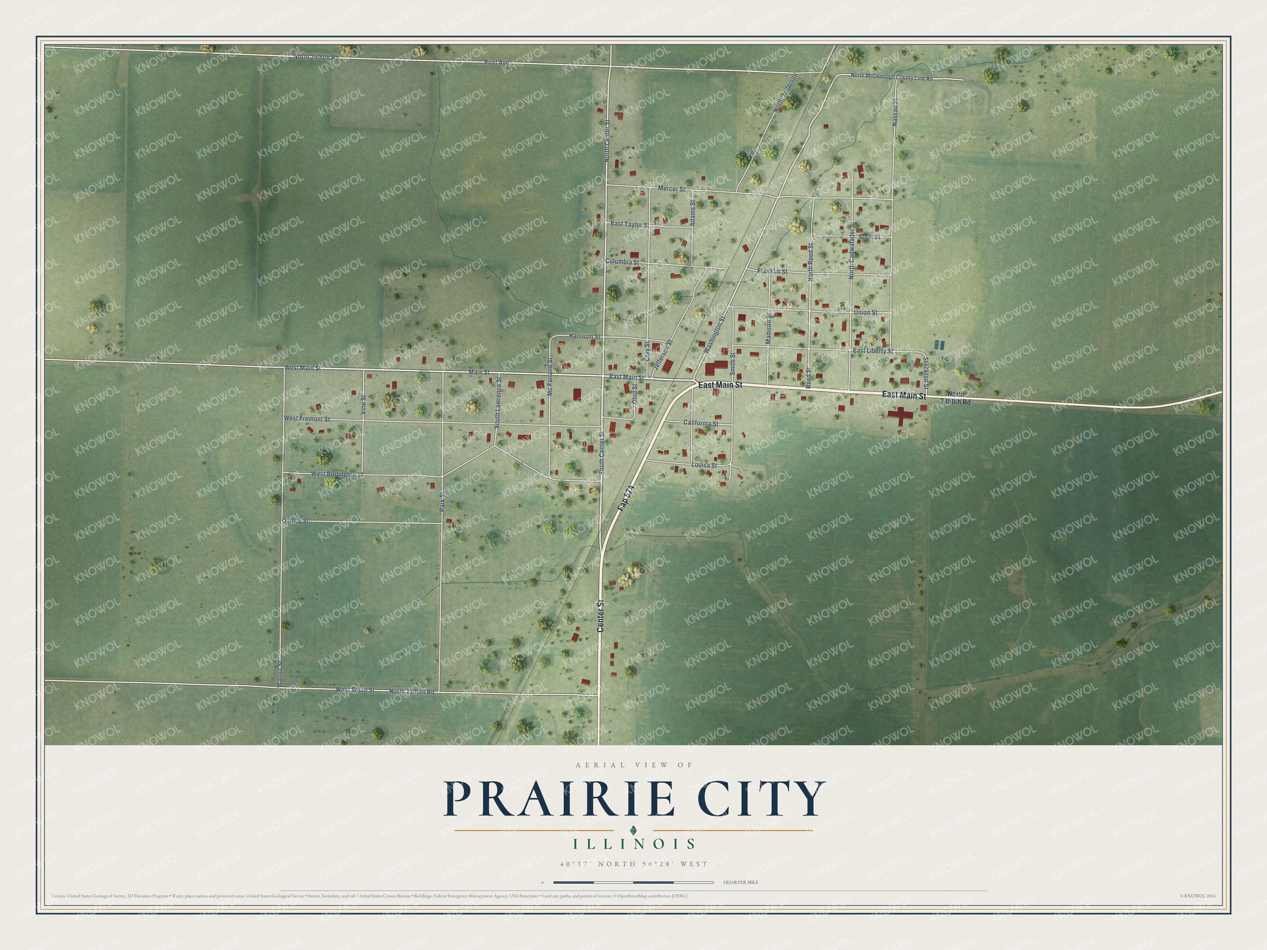 Full map of Prairie City, Illinois, with red buildings, printed street names and the land around them