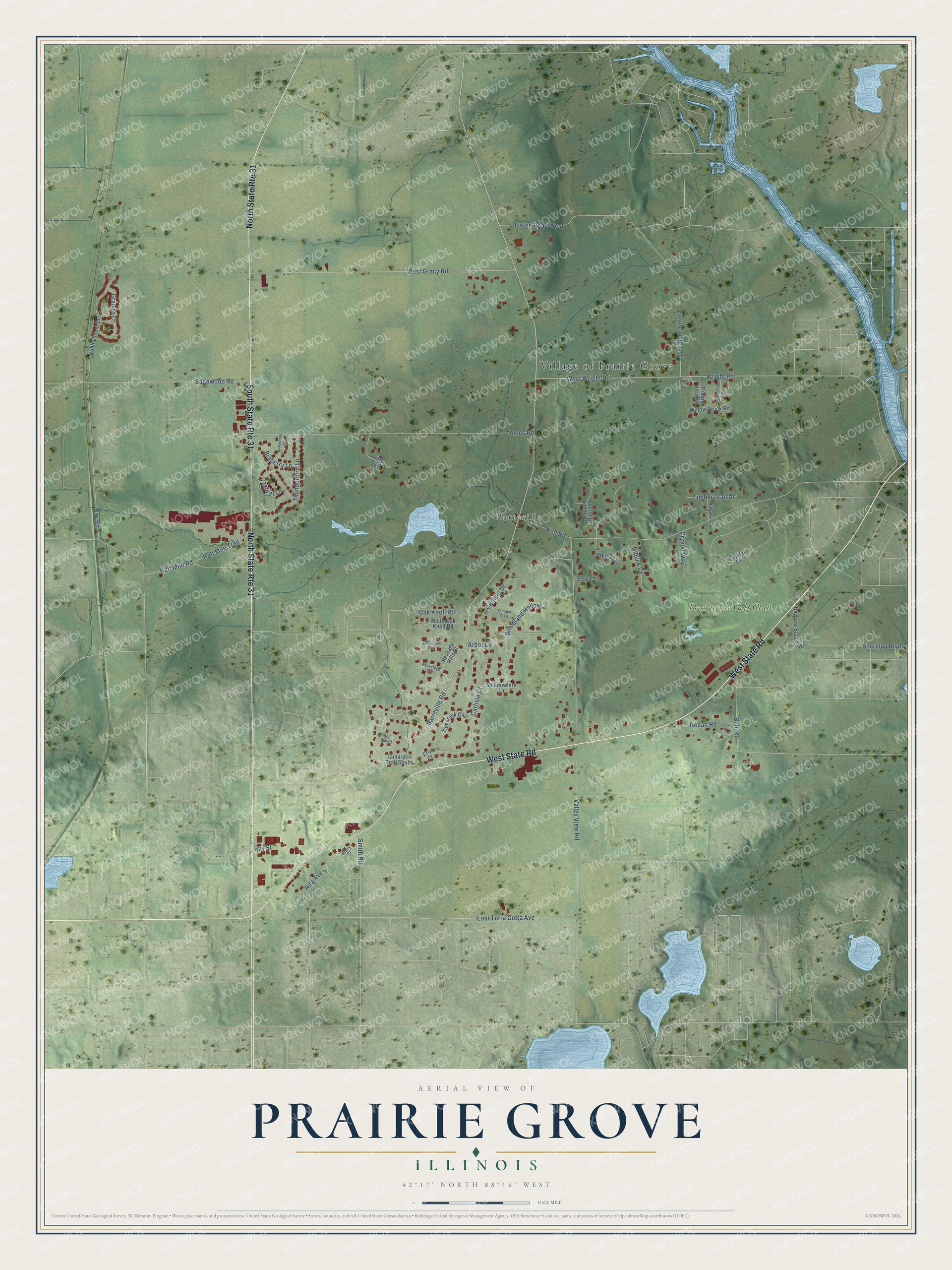 Full map of Prairie Grove, Illinois, with red buildings, printed street names and the land around them